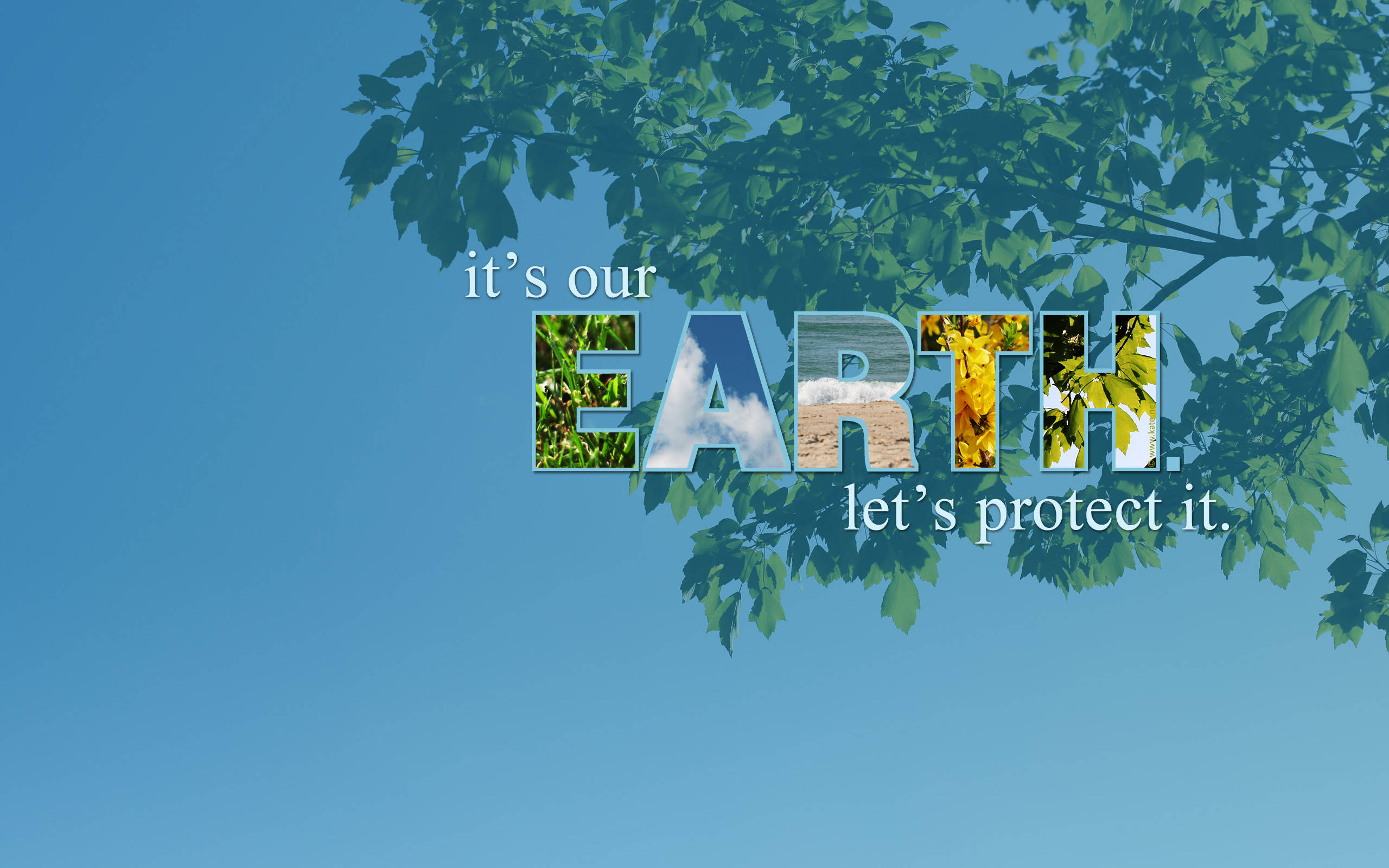 Earth Day 桌布 壁紙 — 文字疊加顯示：這是我們的地球，讓我們用字母內的自然場景，以藍天和樹枝為背景來保護它。
