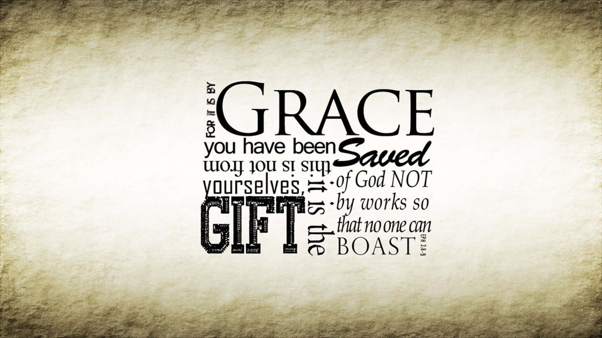 Christian Quotes 桌布 壁紙 — 文字藝術以多種字體在帶有紋理的羊皮紙背景上展示聖經經文『你們得救是本乎恩』。