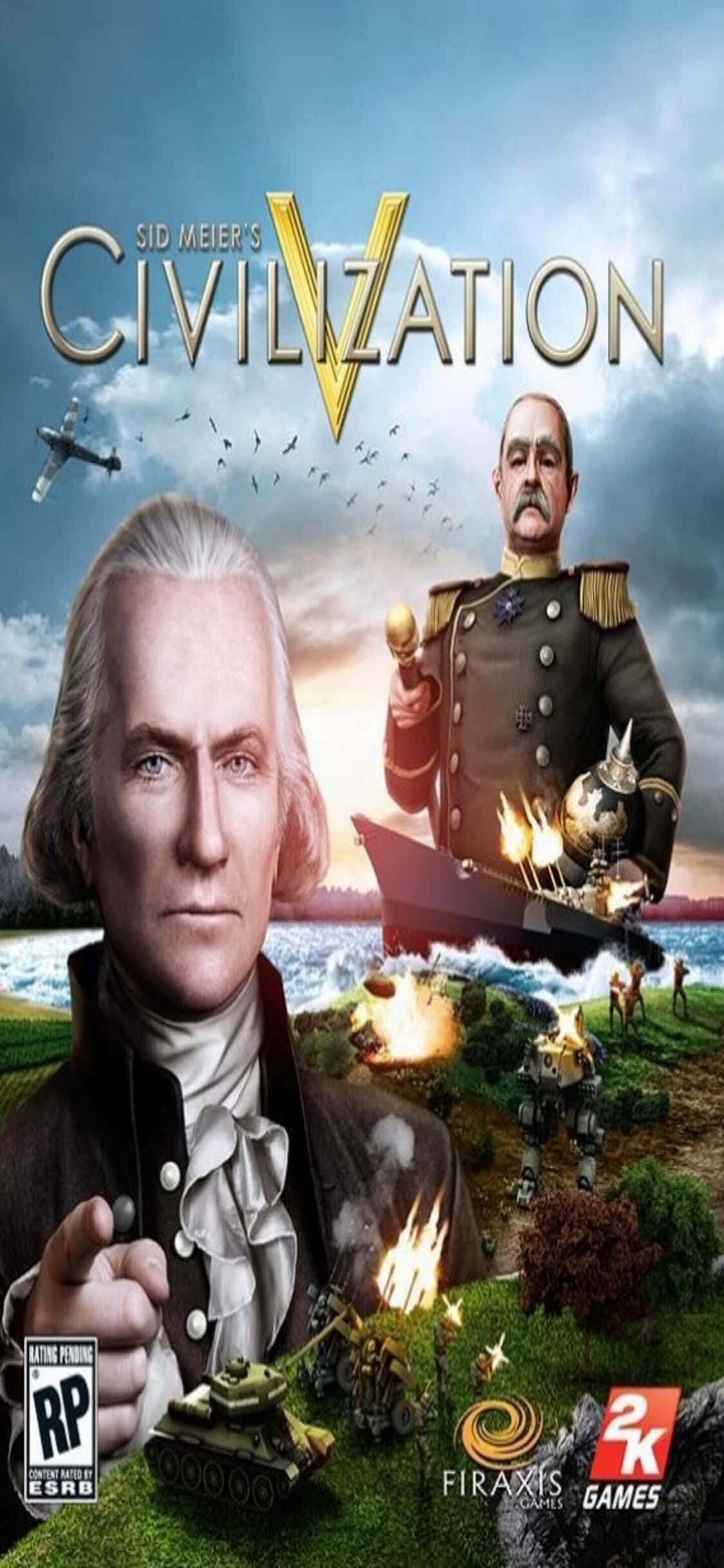 iPhone X Civilization V 桌布 壁紙 — 《文明帝國V》的戲劇性遊戲封面，展示不同時代的歷史人物和軍事單位，背景是暴風雨的天空。