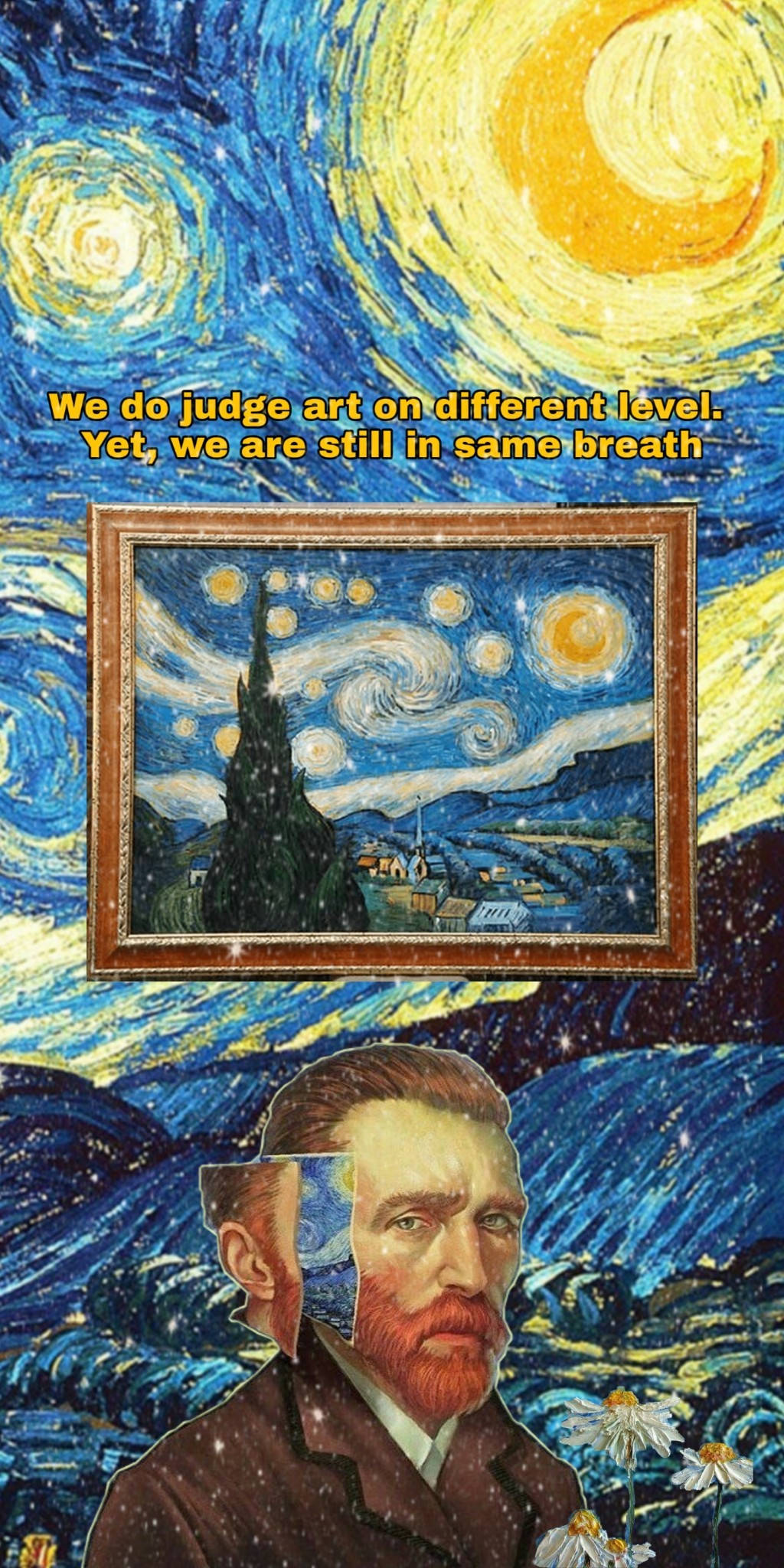 Vincent 桌布 壁紙 — 文森特·梵谷的臉與旋轉的星夜融為一體，他從自己傑作的裱框版本下方凝視。