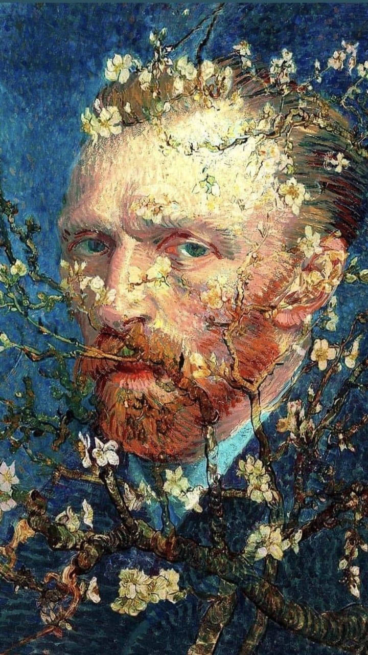 Vincent 桌布 壁紙 — 文森特·梵谷的臉龐從盛開的杏仁樹枝中浮現，背景是深藍色紋理。