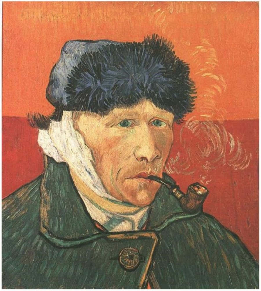 文森特·梵谷自畫像，抽煙斗，耳朵纏繃帶，戴毛帽。