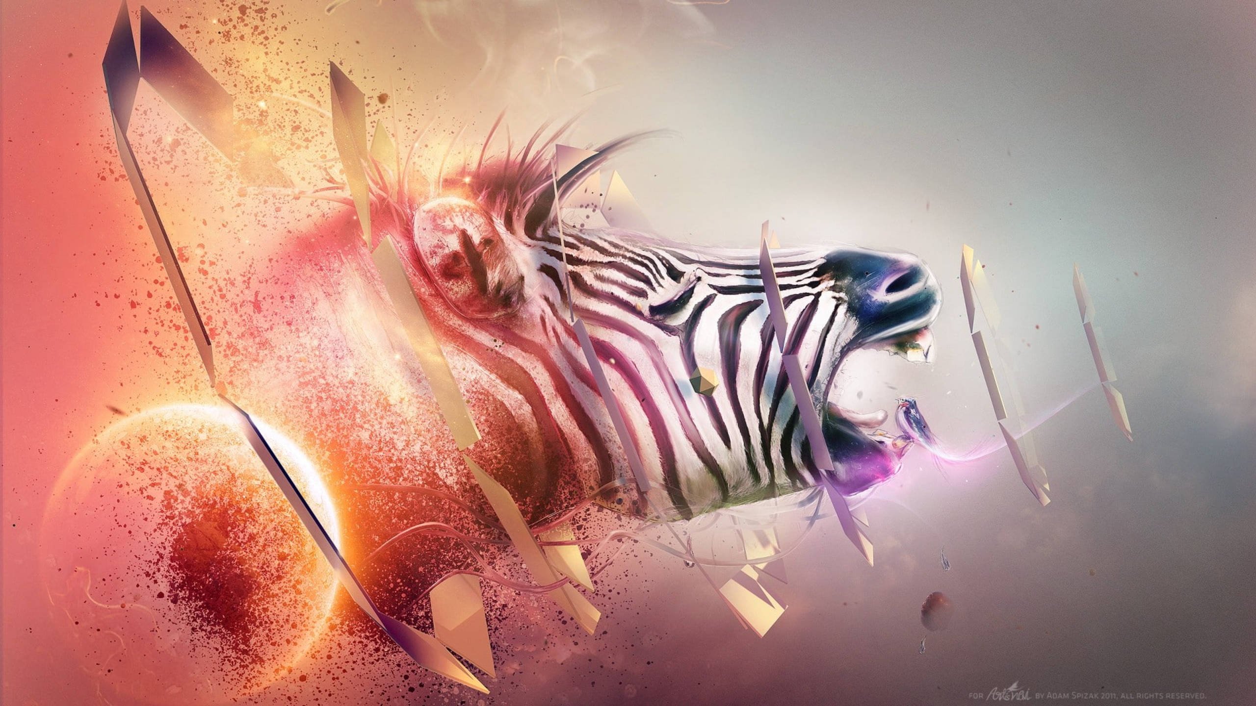 Zebra 桌布 壁紙 — 斑馬頭碎裂成幾何碎片，背景是帶有發光橙色和紫色色調的宇宙。