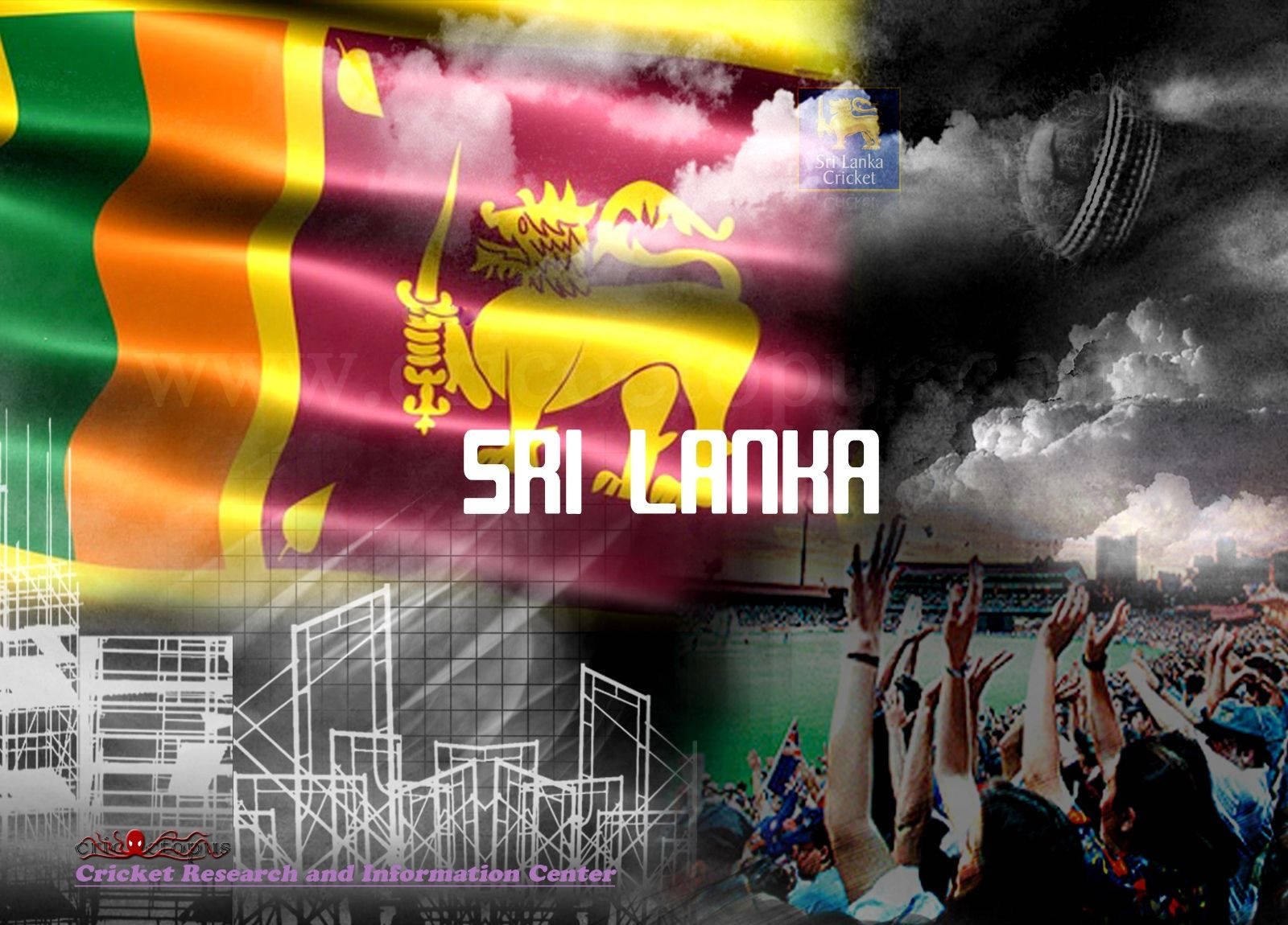 Sri Lanka Cricket 桌布 壁紙 — 斯里蘭卡國旗在戲劇性的暴風雲下，在板球場歡呼的人群上方飄揚。