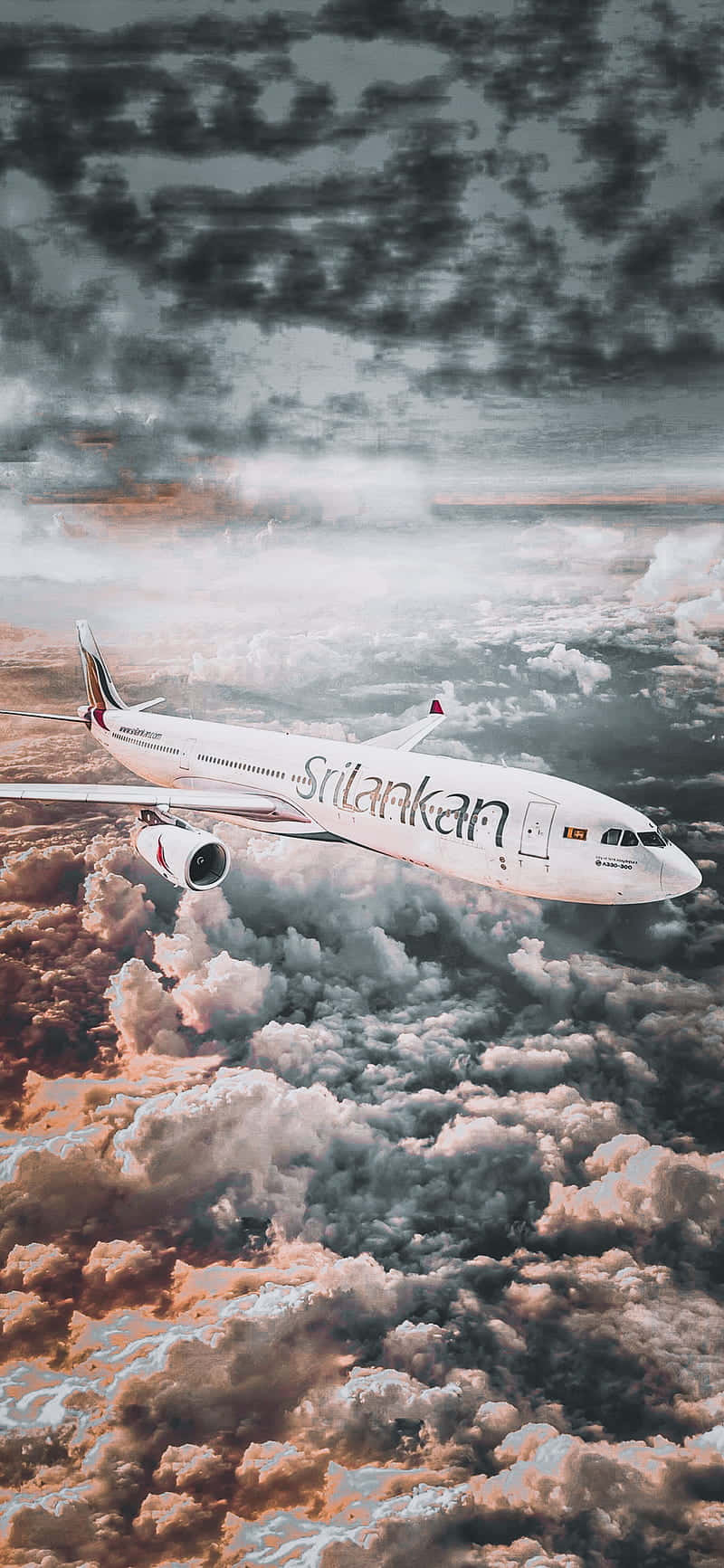 飛機 桌布 壁紙 — 斯里蘭卡航空的飛機在金色和灰色的戲劇性雲層上方翱翔，天空陰沉。