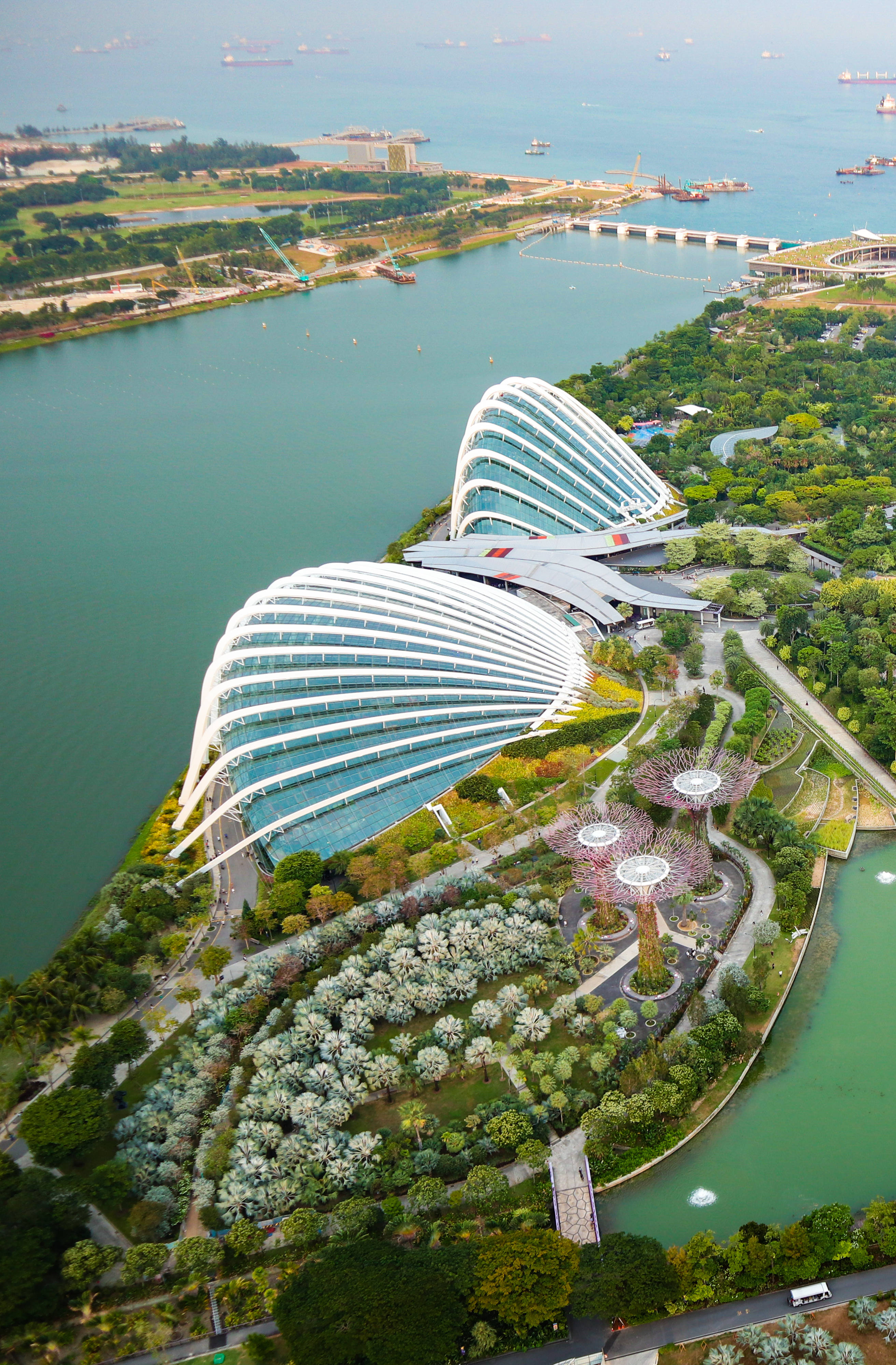 Singapore 桌布 壁紙 — 新加坡濱海灣花園的鳥瞰圖，標誌性的玻璃穹頂和超級樹被茂密的綠植和碧綠的海水環繞。