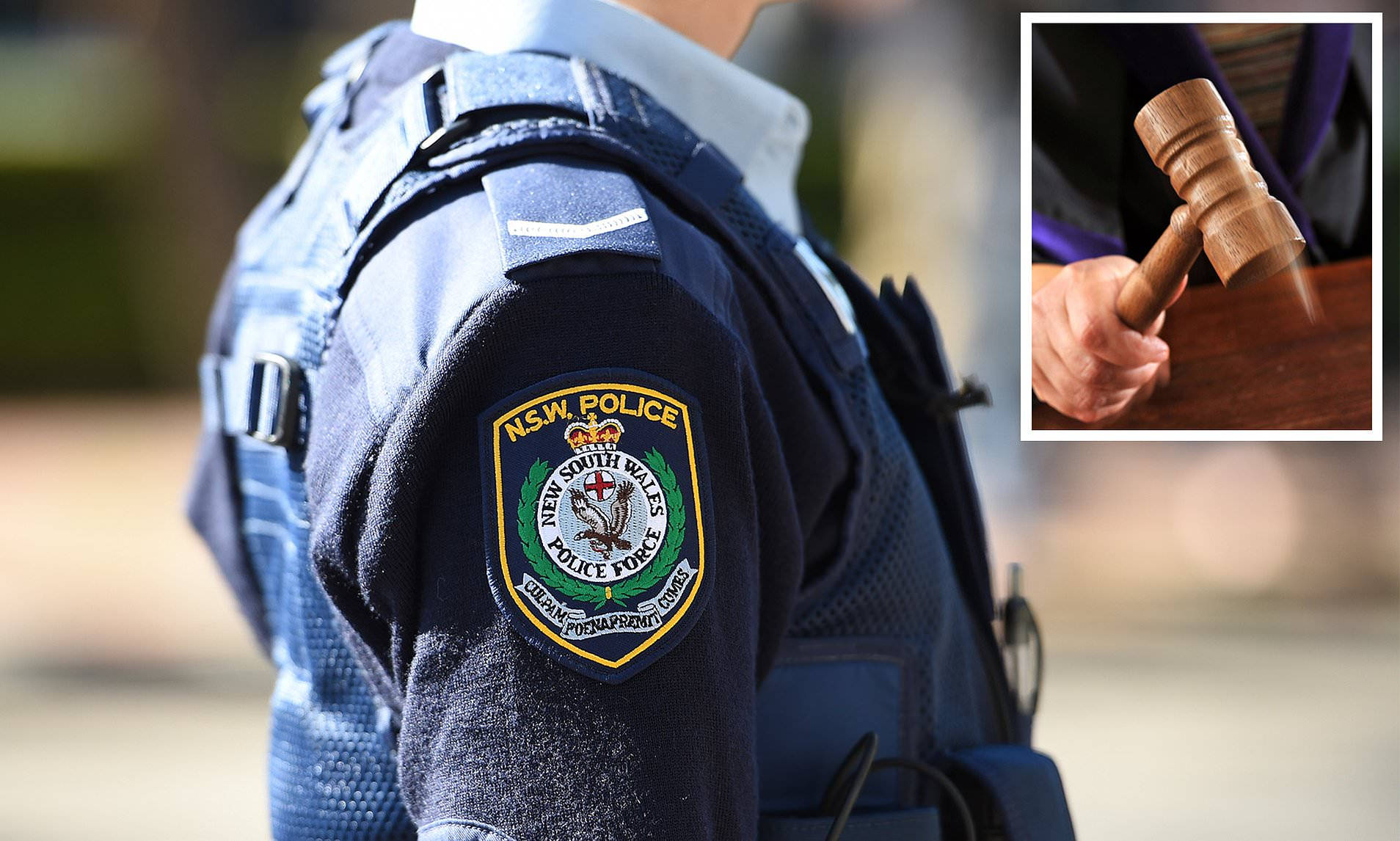 job 桌布 壁紙 — 新南威爾斯州警員身穿戰術裝備的特寫，內嵌法槌圖示，象徵執法與司法權威。