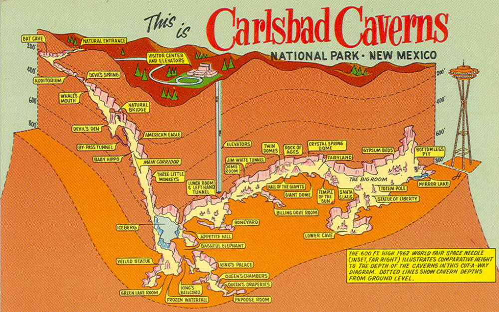 Carlsbad Caverns 桌布 壁紙 — 新墨西哥州卡爾斯巴德洞窟國家公園的復古插圖地圖，以粗體紅色字體顯示地下洞穴和地面地標。