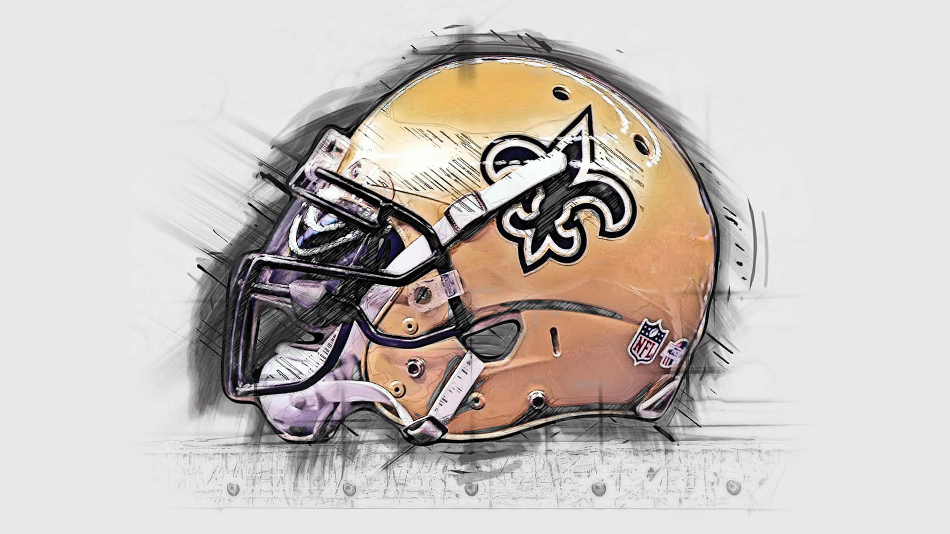 聖徒 桌布 壁紙 — 新奧爾良聖徒隊NFL美式足球頭盔的風格化草圖，帶有金色和紫色點綴以及大膽的鳶尾花標誌。