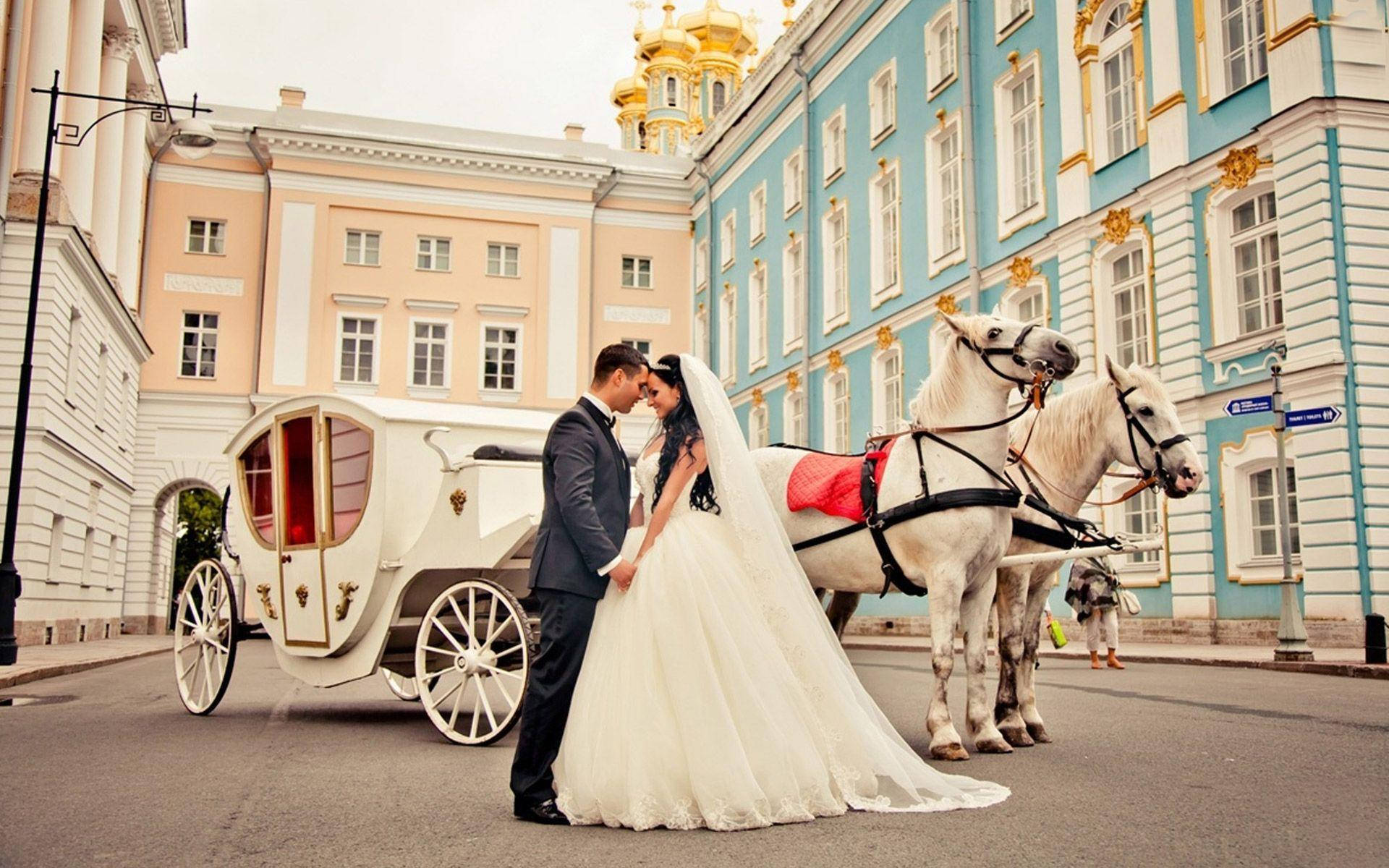 Wedding 桌布 壁紙 — 新娘和新郎在白色馬車旁接吻，背景是裝飾華麗的粉彩建築，帶有金色圓頂。