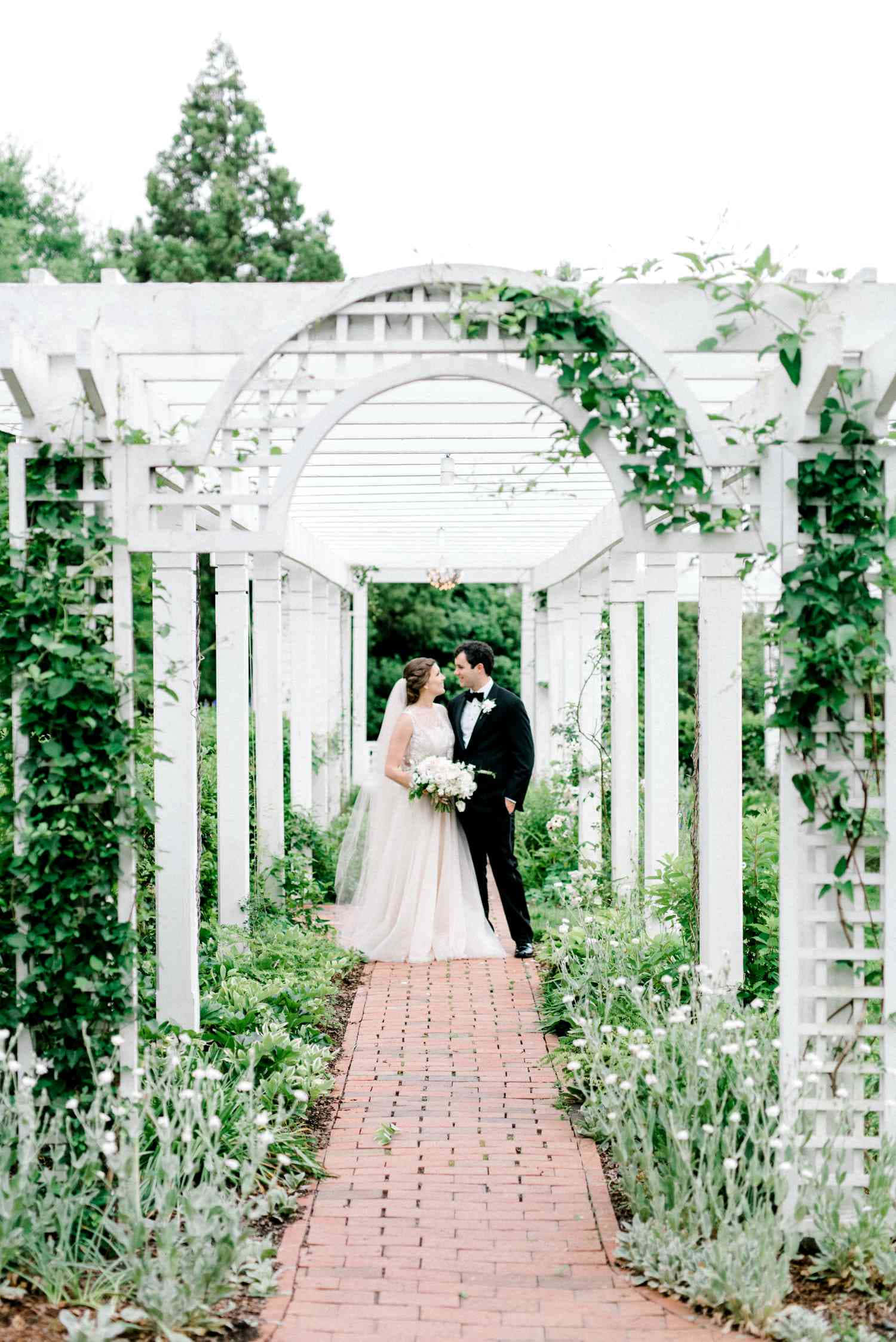 Garden Wedding 桌布 壁紙 — 新娘和新郎在磚砌花園小徑上，於一個掛滿綠色藤蔓的白色拱門下接吻。