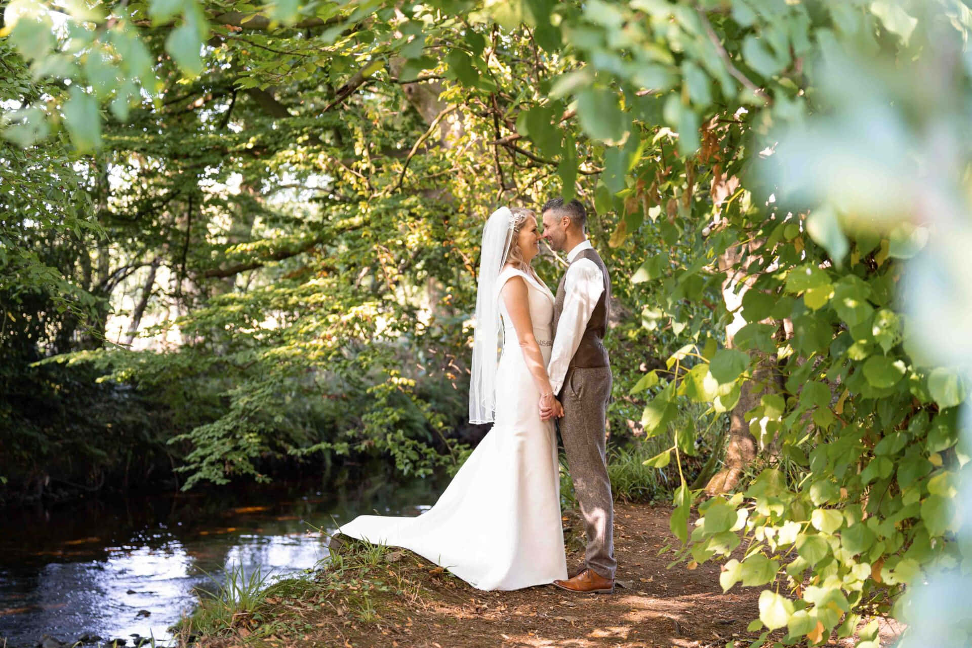 Garden Wedding 桌布 壁紙 — 新娘和新郎在陽光斑駁的河邊，被茂密的綠葉環繞，分享一個溫柔的吻。