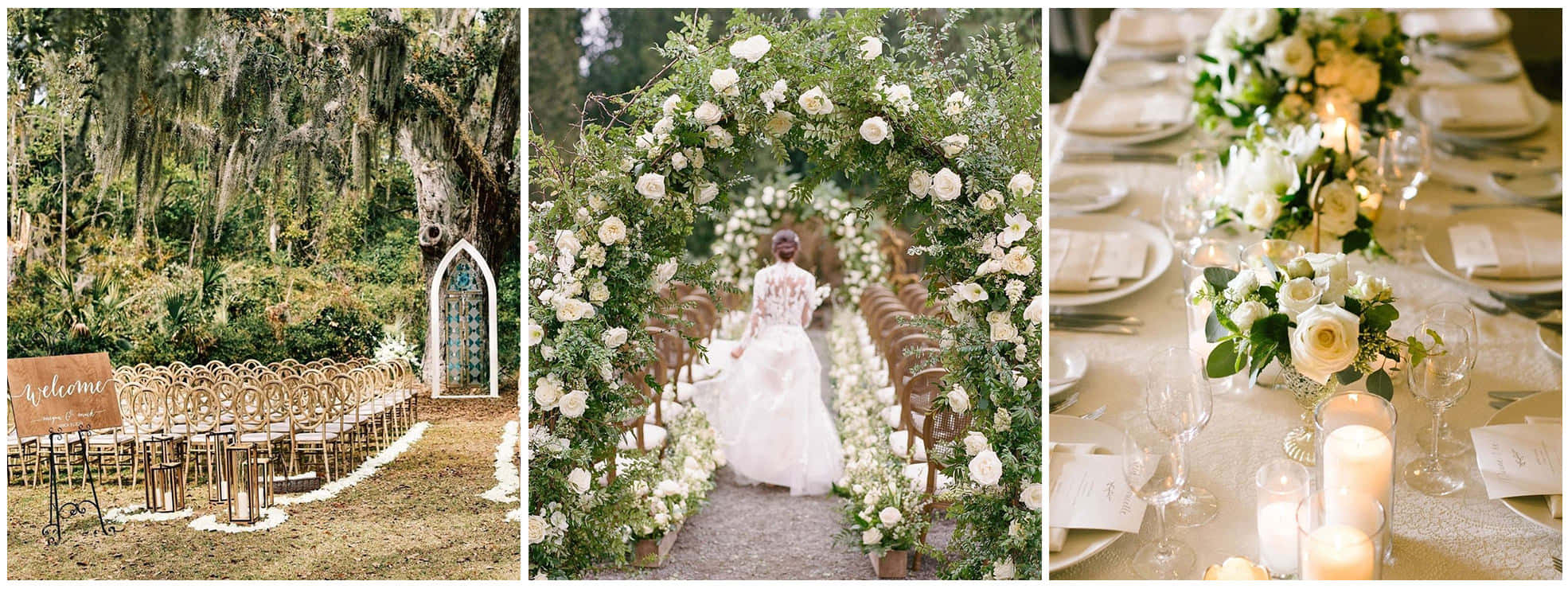 Wedding Aesthetic 桌布 壁紙 — 新娘在長滿苔蘚的樹木下走過花卉拱門通道，賓客在燭光婚宴桌旁等候。