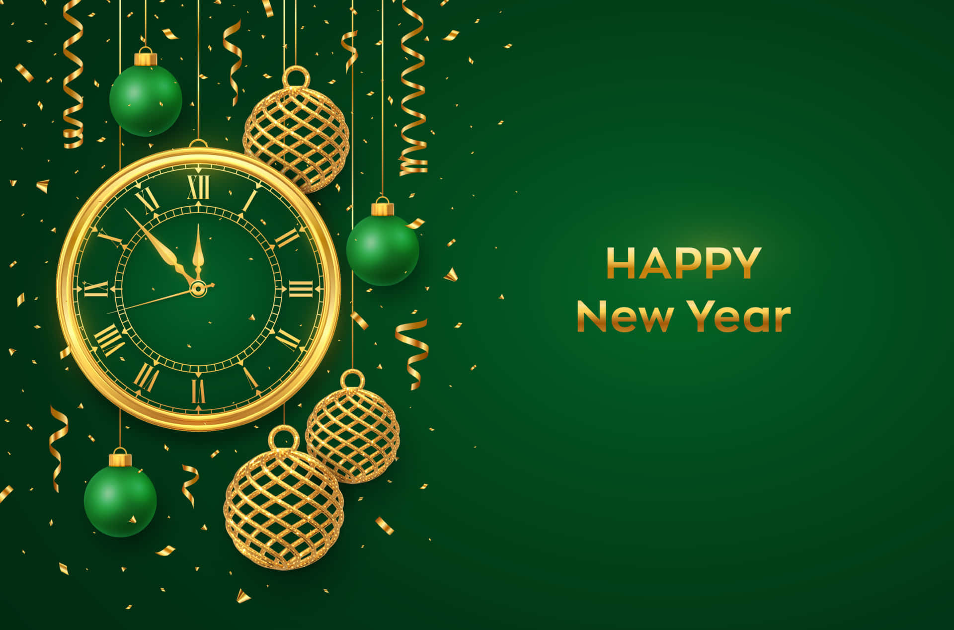 新年快樂背景，搭配時鐘與金色裝飾 壁紙