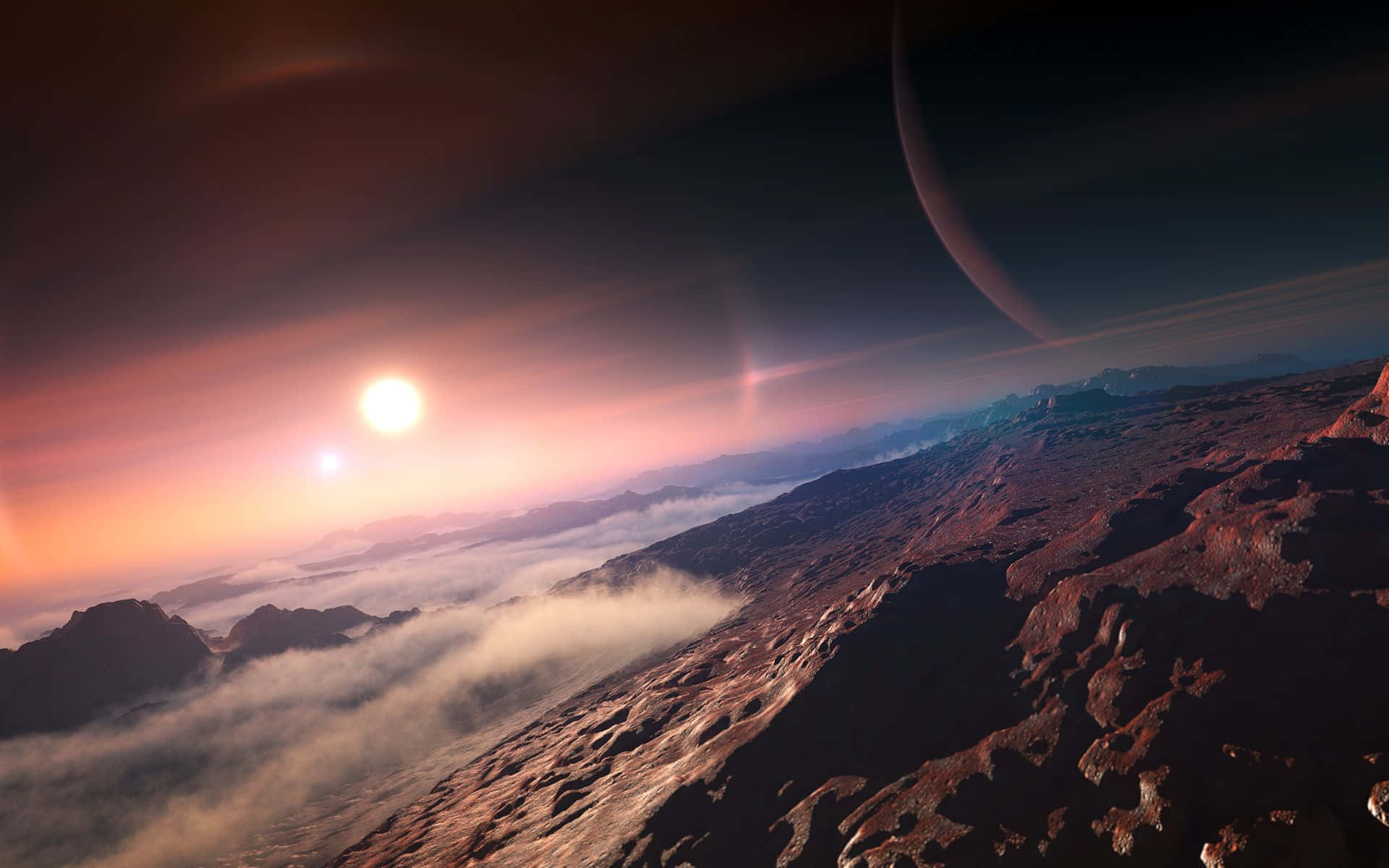Exoplanet 桌布 壁紙 — 新月下，崎嶇山脈與漩渦雲層上，一顆發光的太陽在日落時投下溫暖光芒的超現實外星景觀。