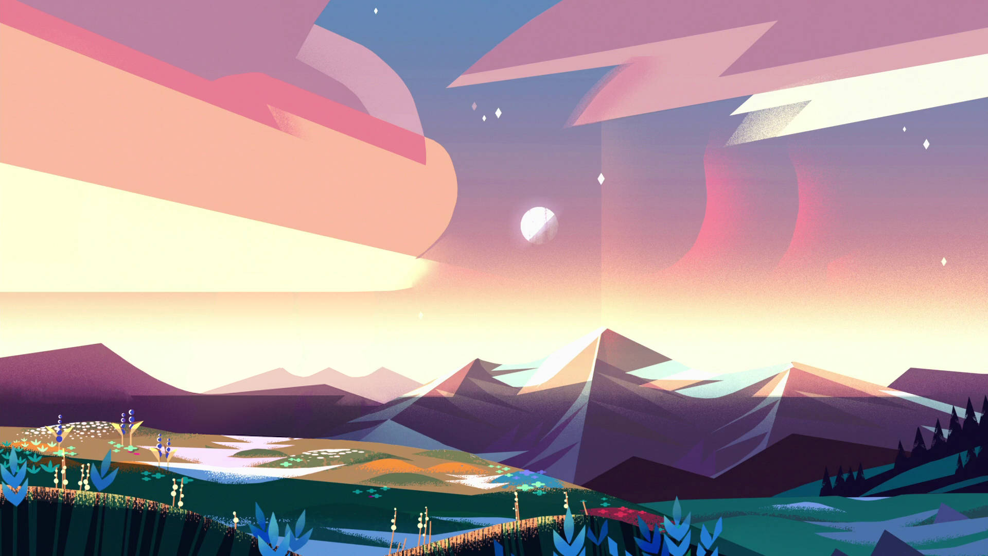Steven Universe iPad 桌布 壁紙 — 新月下，暮色中風格化的山景，帶有幾何雲朵和發光的植物。