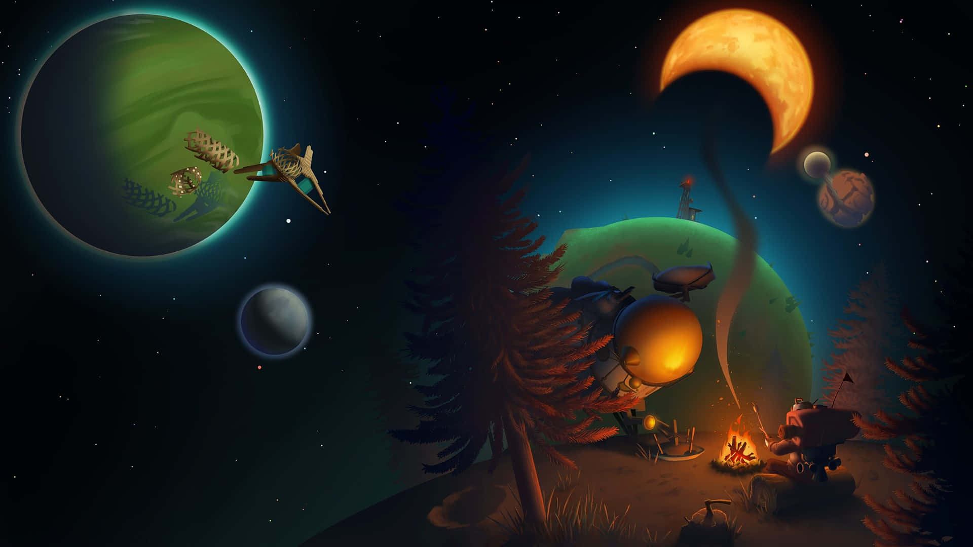 Planets 桌布 壁紙 — 新月下一個異想天開的外星人營火場景，有漂浮的行星和一個在星空飛行的生物。