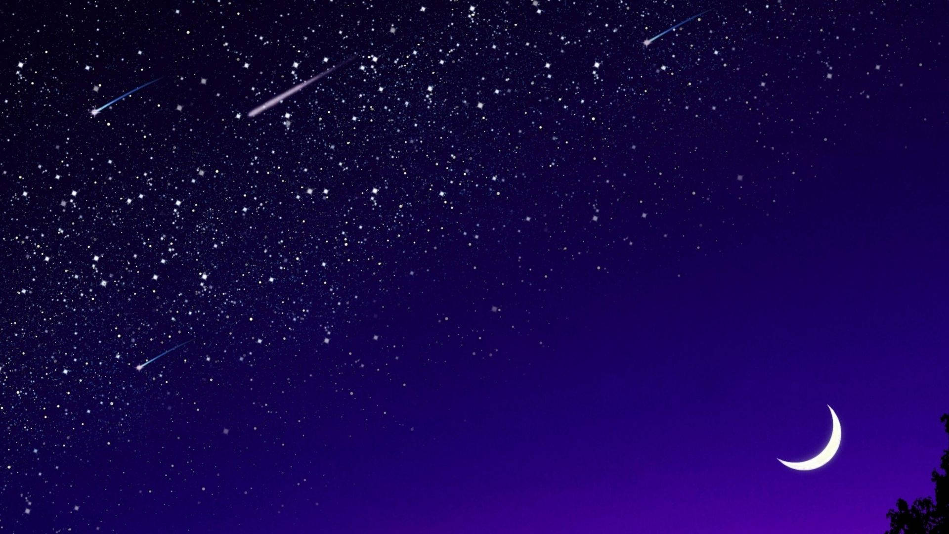 View 桌布 壁紙 — 新月下充滿閃爍星星和劃過流星的 vibrant 夜空。