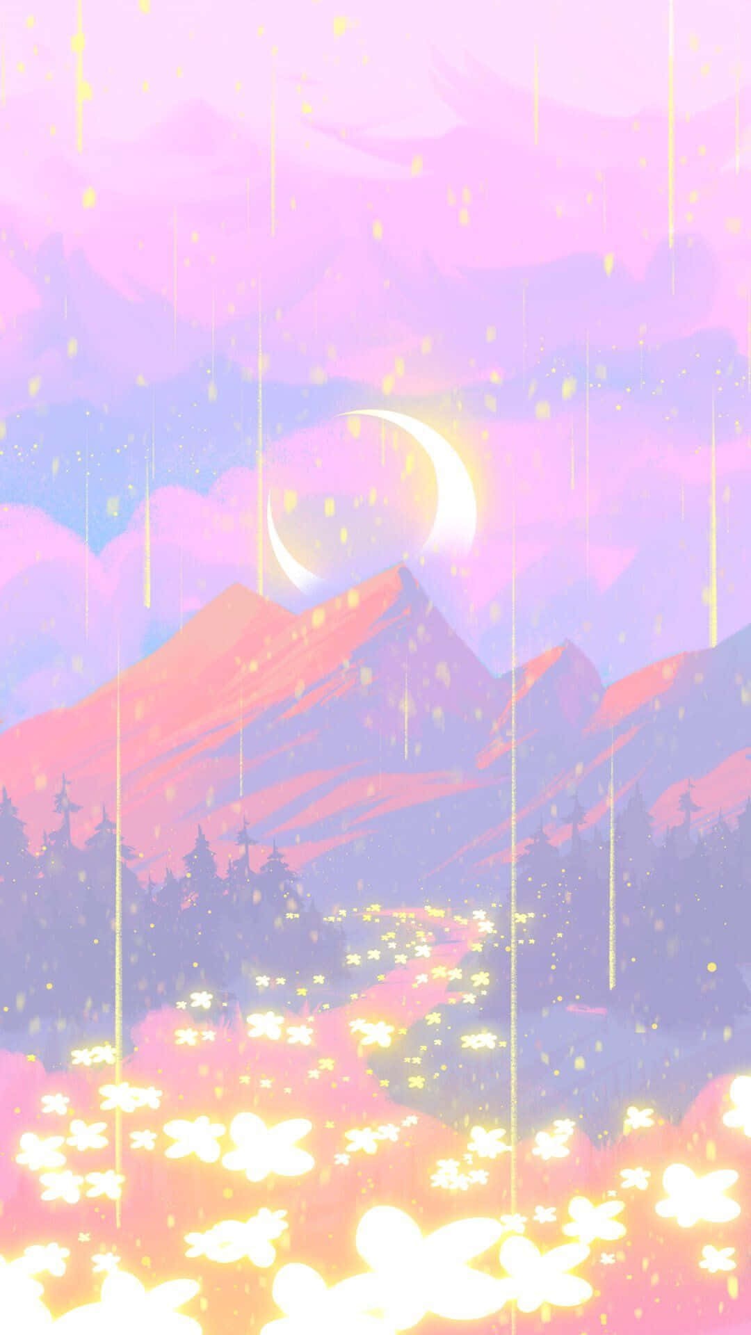 Ethereal 桌布 壁紙 — 新月下夢幻的粉紅與紫色山景，帶有發光的黃色花朵和墜落的光線條紋。