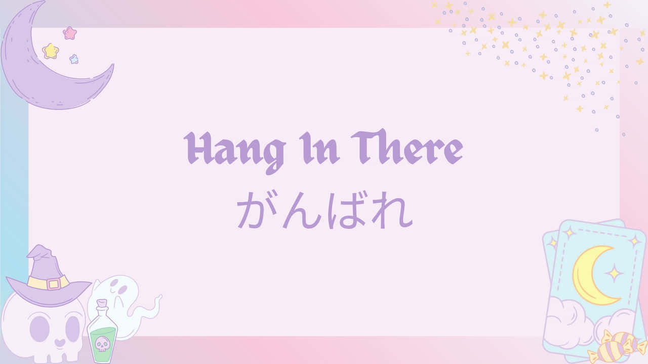 桌布 壁紙 — 新月下帶有「Hang In There」文字和可愛幽靈女巫圖案的粉彩動漫風格壁紙。