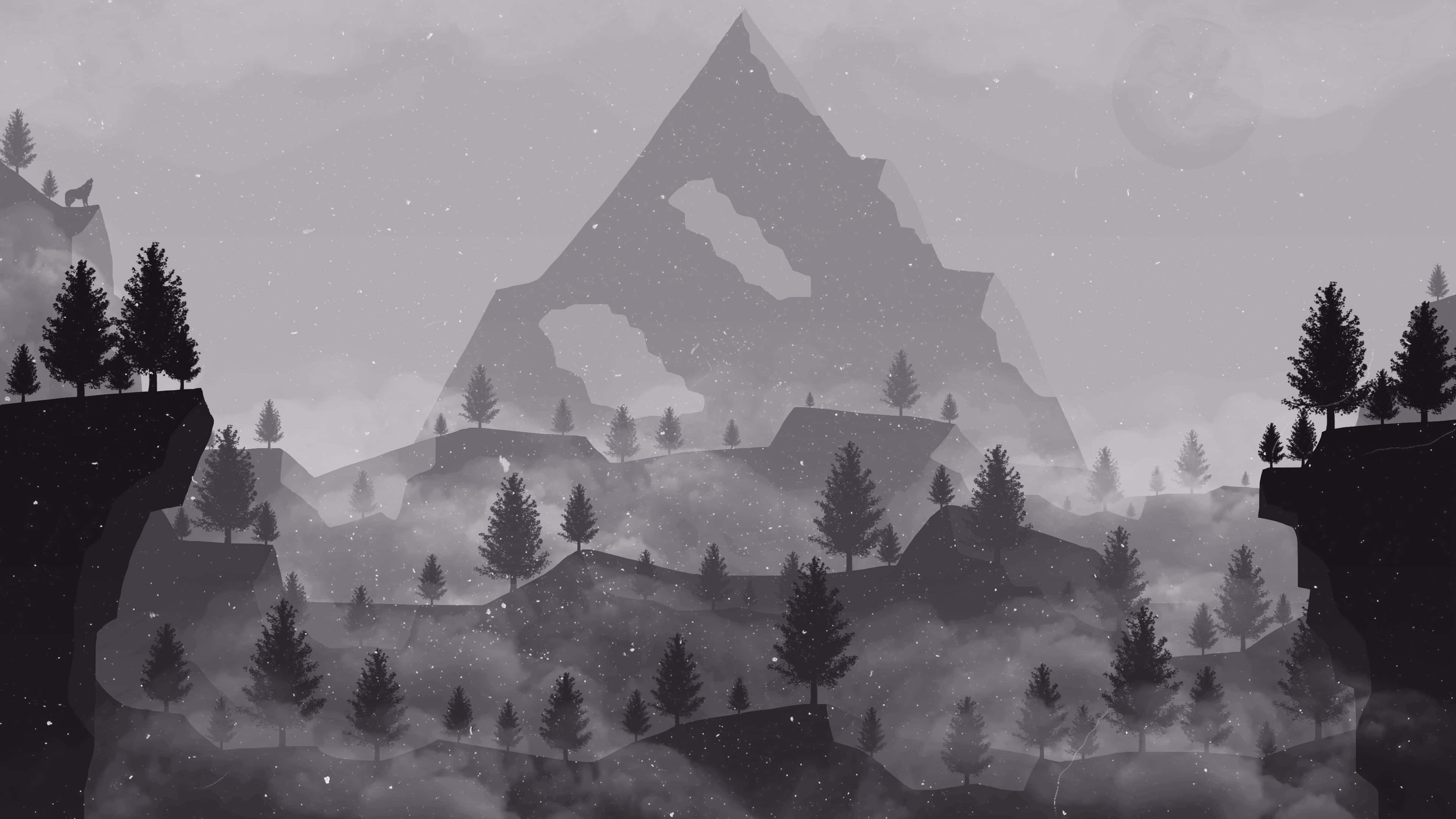 Minimalist Gray 桌布 壁紙 — 新月下星空中的單色山景，有松樹和霧氣。