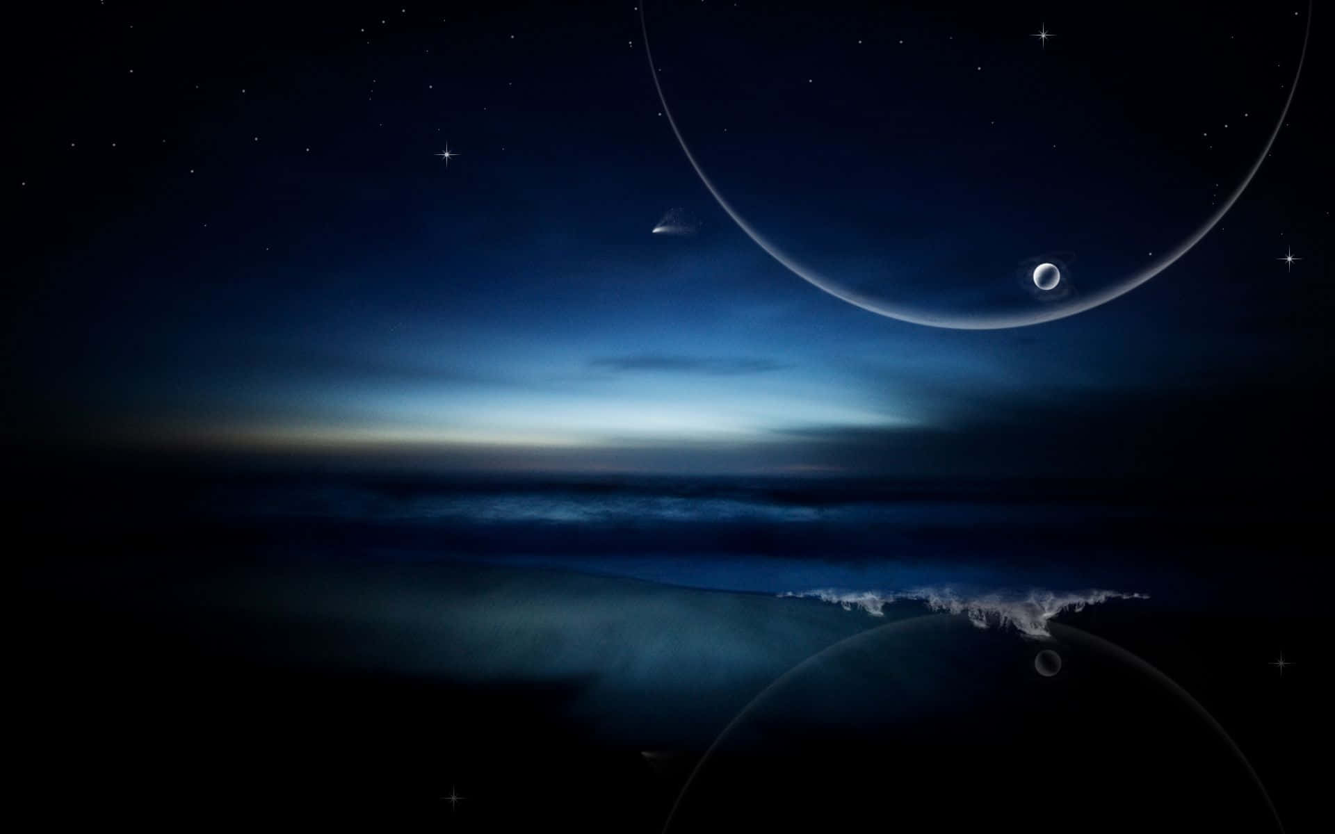 Moonlight 桌布 壁紙 — 新月下深藍夜空中的宇宙海景，閃爍的星星和遙遠的行星。