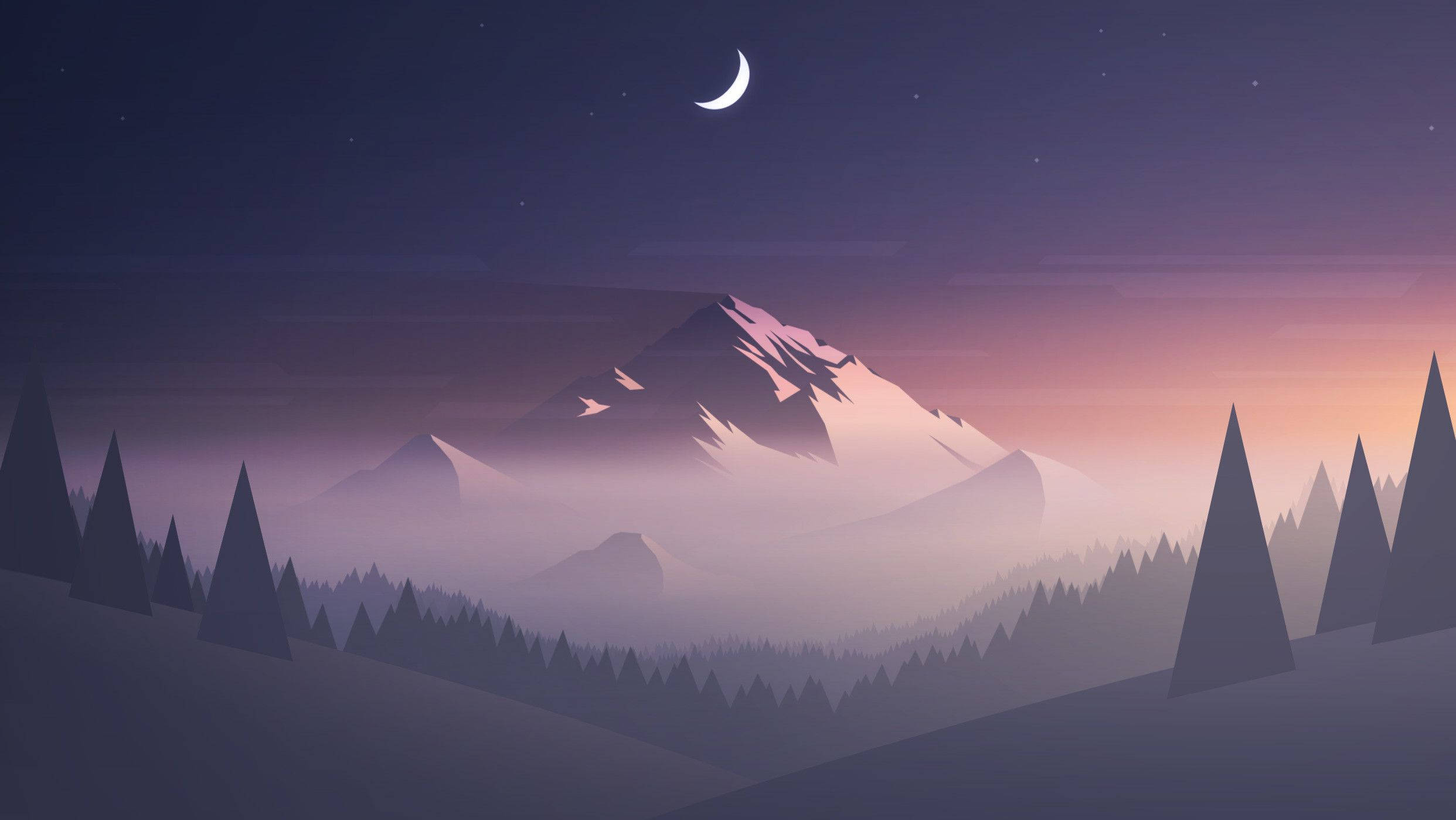 Minimalist Nature 桌布 壁紙 — 新月下的寧靜山脈，霧氣籠罩的山谷和黃昏時松樹的剪影。
