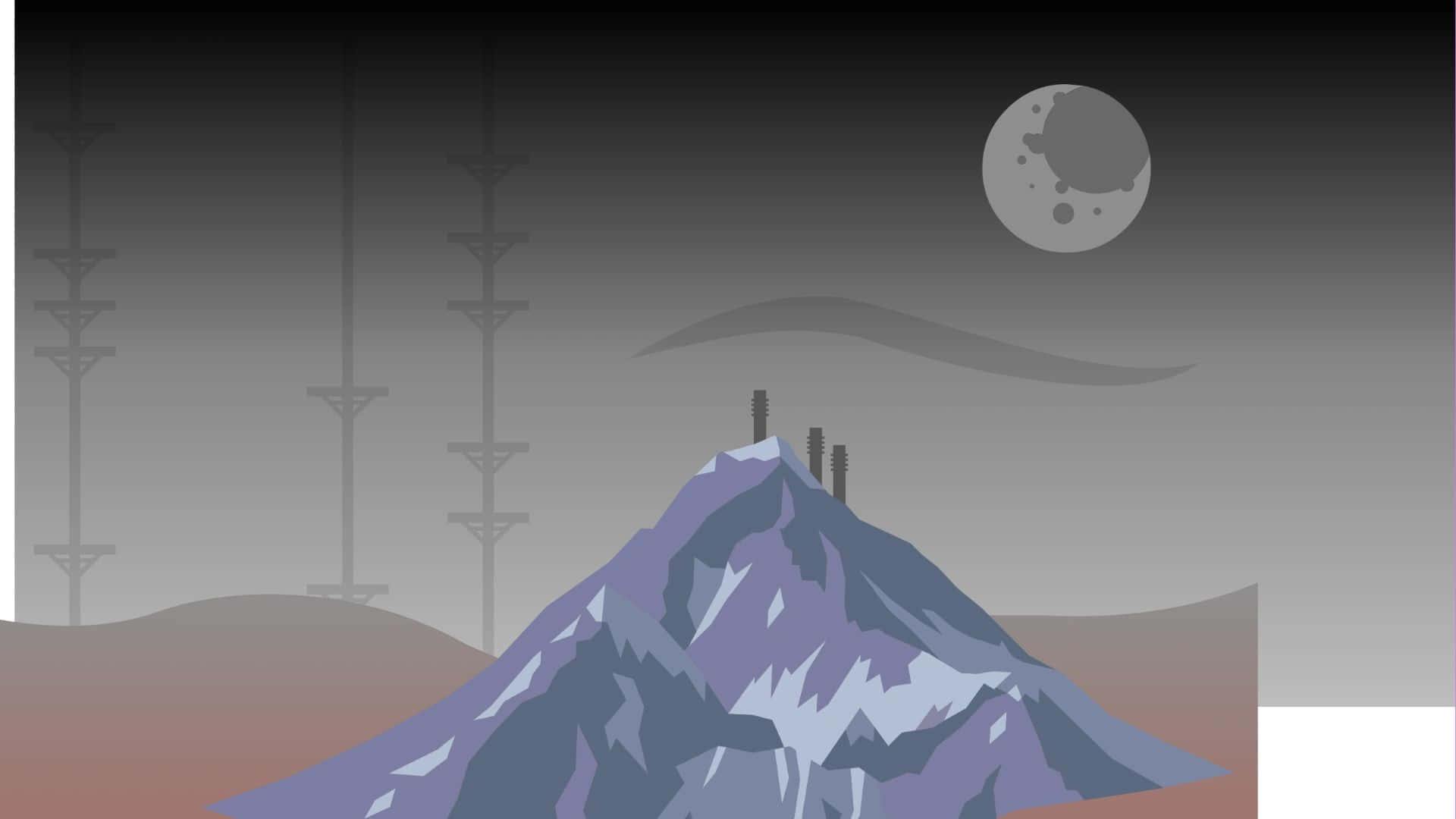 Bfdi 桌布 壁紙 — 新月下風格化的紫色山峰，背景霧氣中有高塔。