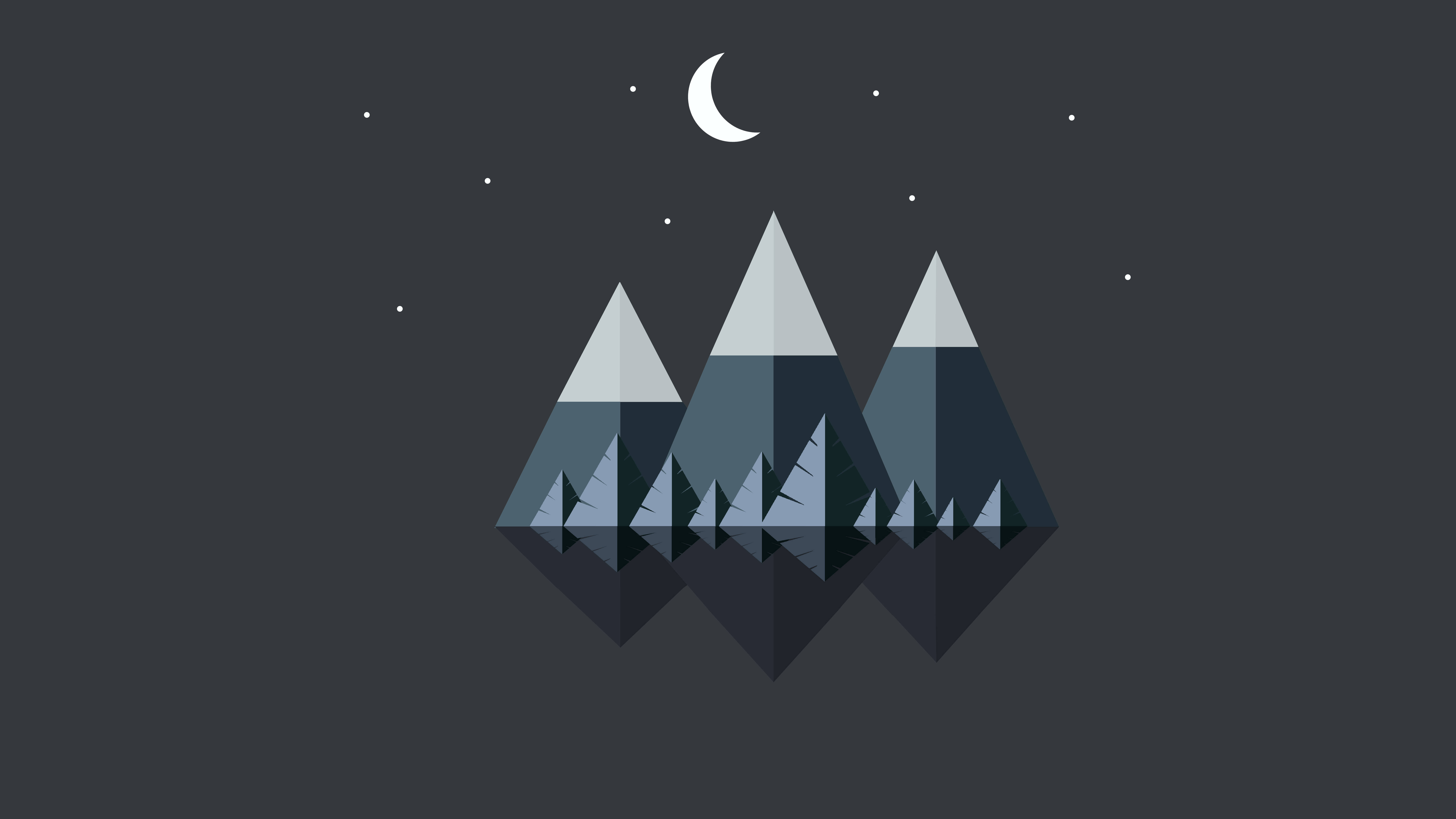 minimal dark iPhone 桌布 壁紙 — 新月和星星下的幾何山峰，帶有雪頂和松樹。