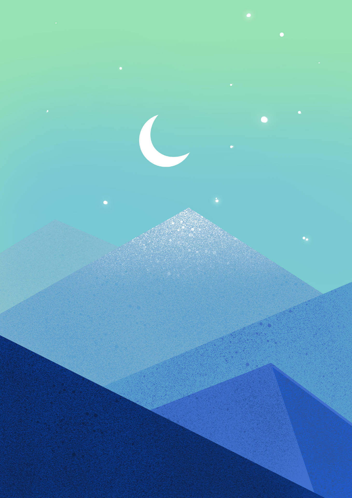 新月和星星下的幾何山脈，背景為青藍色天空。 — 簡約 Android 桌布 壁紙