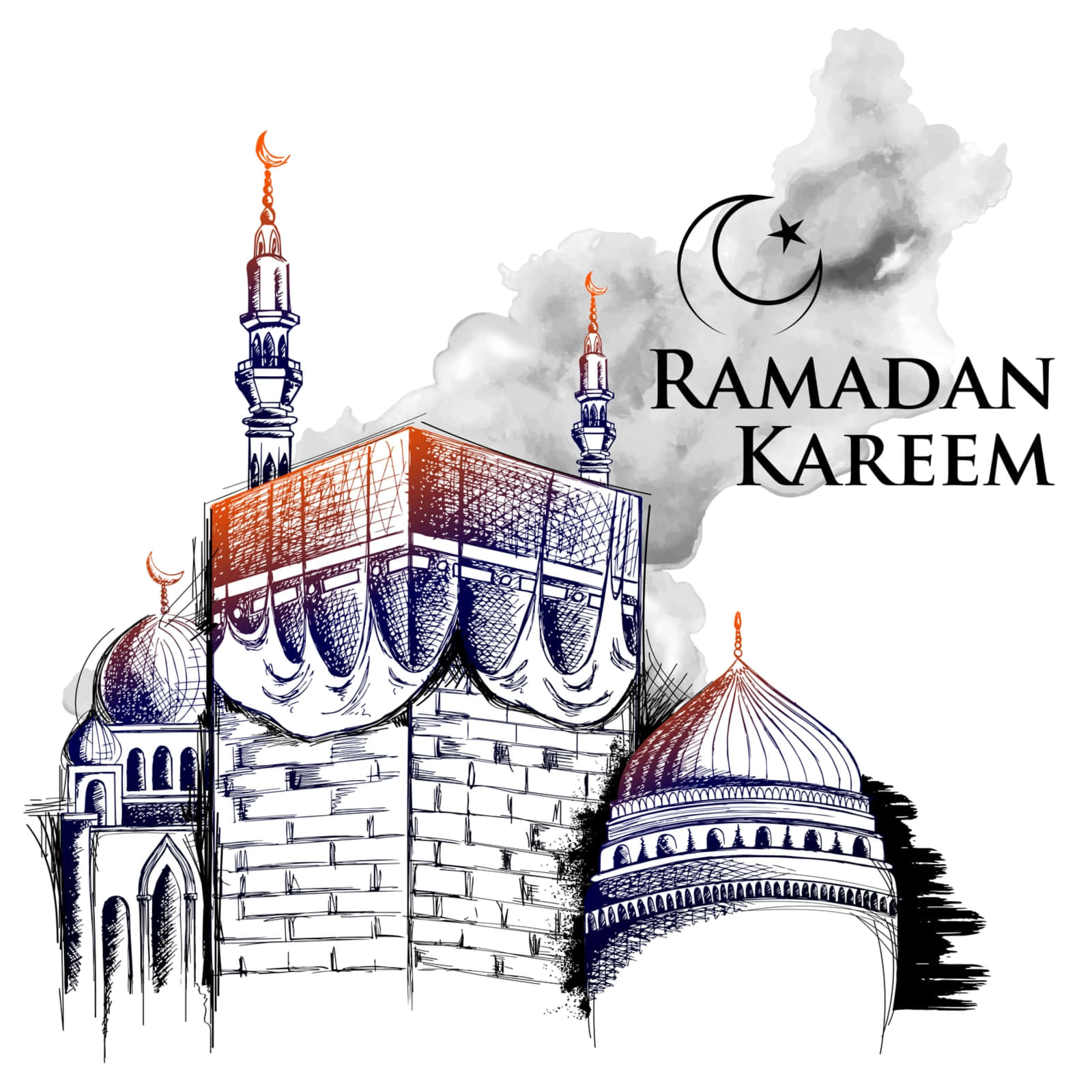 Ramadan 桌布 壁紙 — 新月和星星下的清真寺風格插圖，帶有圓頂和宣禮塔，並附有「Ramadan Kareem」文字。
