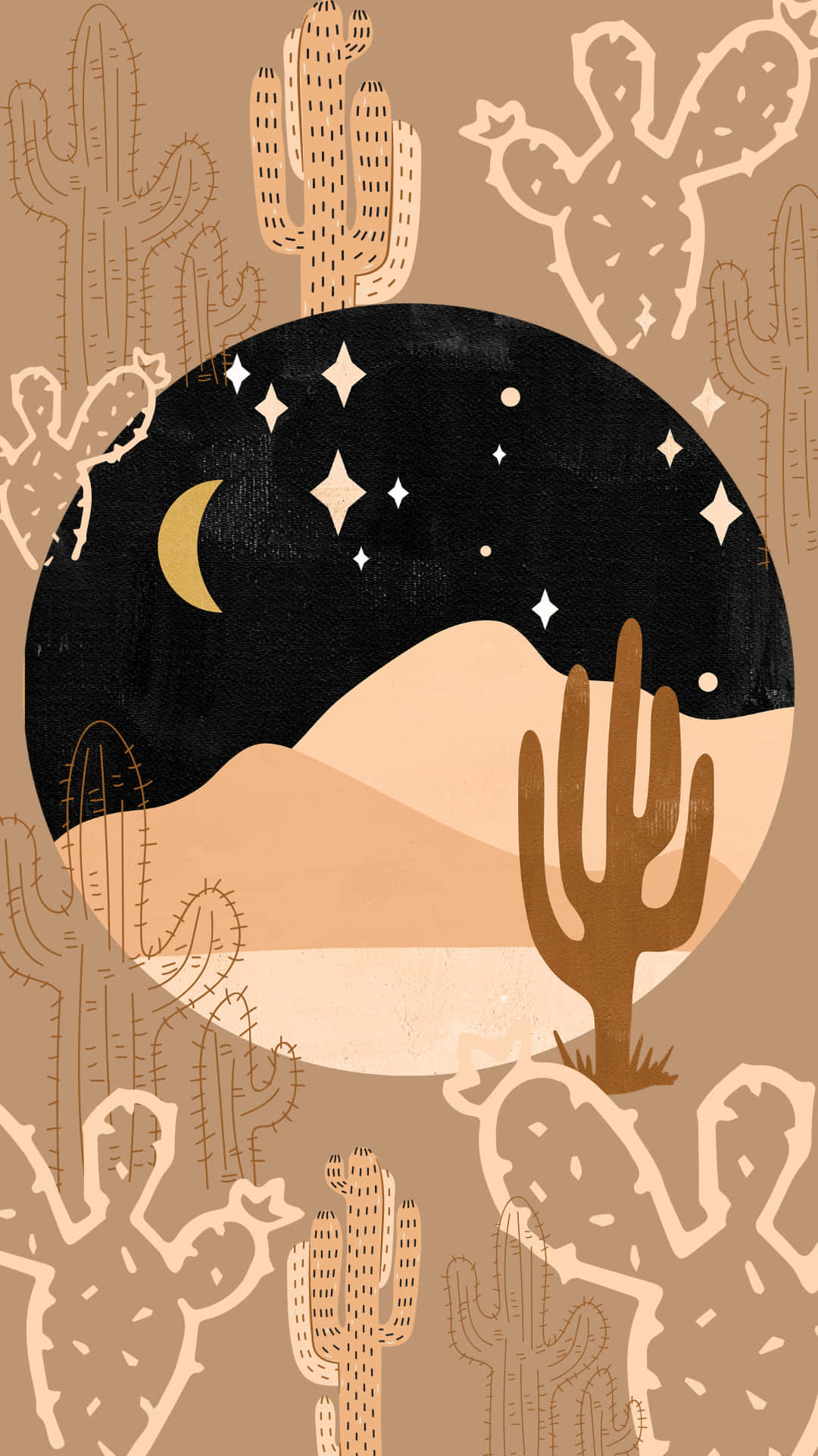 Desert iPhone 桌布 壁紙 — 新月和星空下仙人掌剪影的風格化沙漠夜景。