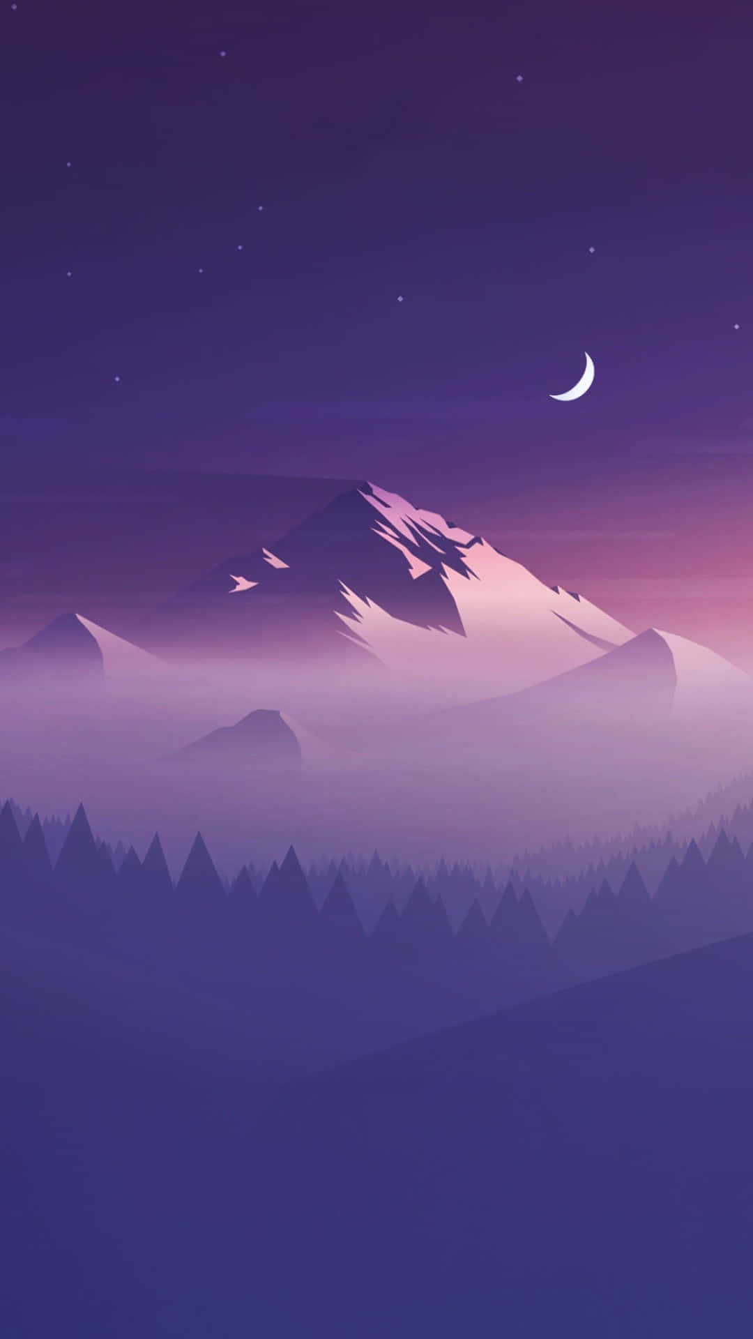 Minimal iPhone 桌布 壁紙 — 新月和繁星點點的紫色天空下，寧靜的山脈，下方是霧氣瀰漫的森林。