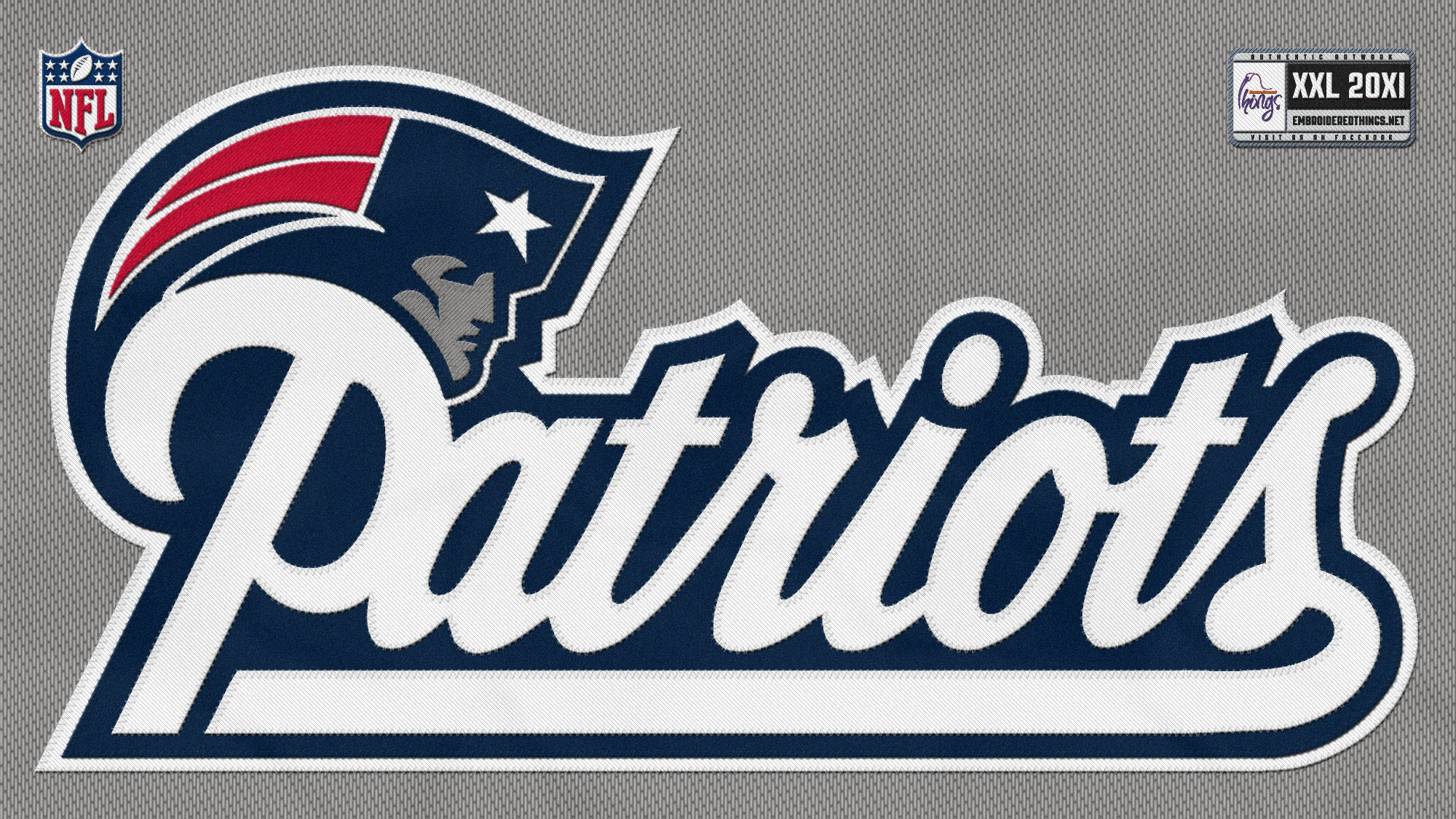 Awesome Patriots 桌布 壁紙 — 新英格蘭愛國者隊NFL標誌的特寫，繡在灰色布料上，帶有白色縫線和紅藍色點綴。