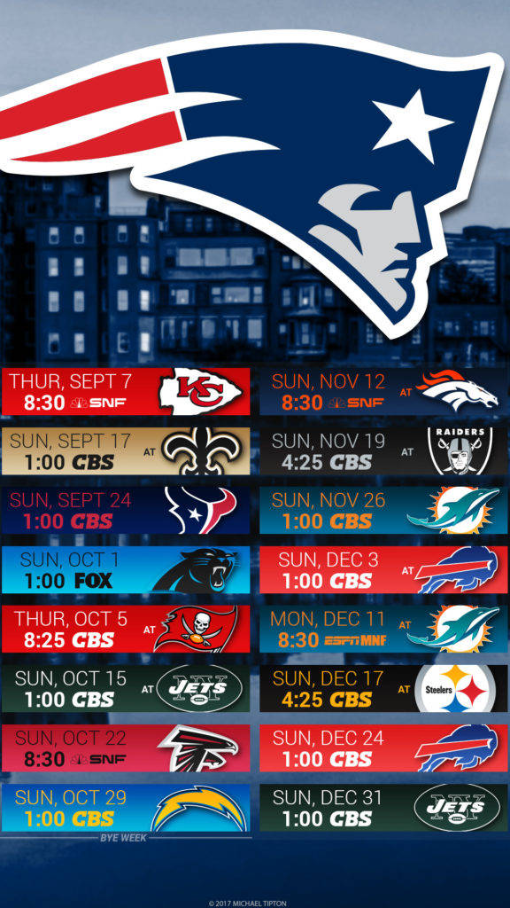 Patriots Logo 桌布 壁紙 — 新英格蘭愛國者隊NFL賽程海報，以城市天際線為背景，展示球隊標誌和比賽詳情。