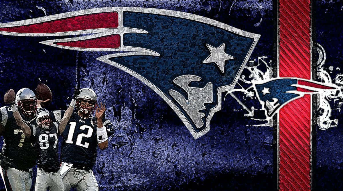Patriots 桌布 壁紙 — 新英格蘭愛國者隊美式足球員在粗獷紋理的標誌下慶祝，標誌採用大膽的紅色、藍色和銀色。