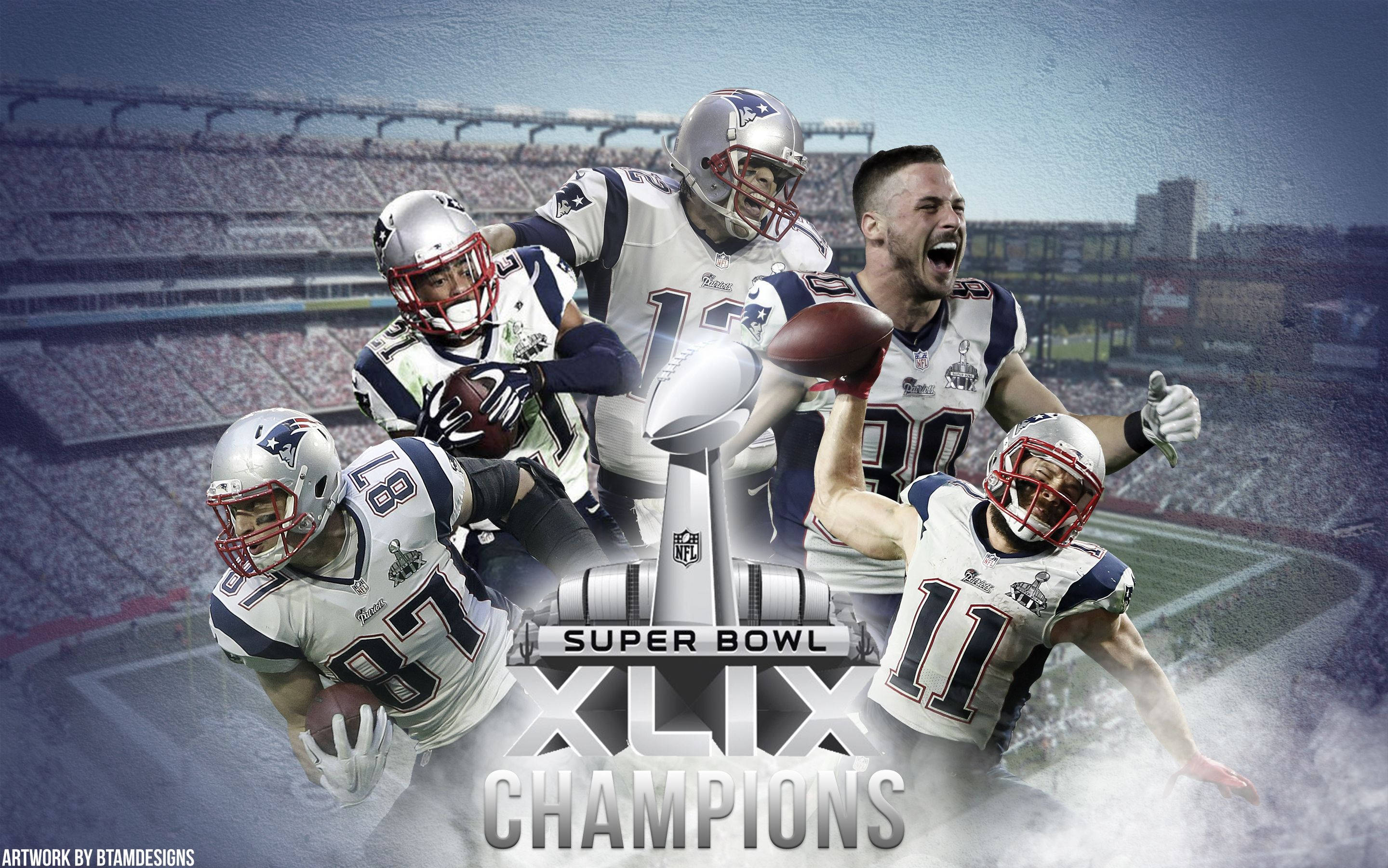 Patriots 桌布 壁紙 — 新英格蘭愛國者隊足球運動員慶祝超級碗XLIX勝利的動態拼貼畫，背景有獎盃和體育場人群。