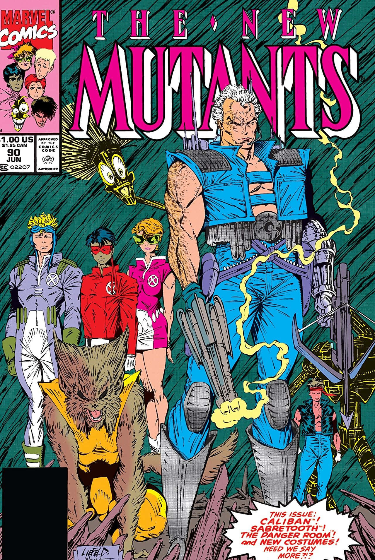 Mutants 桌布 壁紙 — 《新變種人》漫畫封面，展示一個肌肉發達的男子身穿藍色盔甲，發出黃色能量閃電，周圍是穿著色彩繽紛服裝的變種英雄，背景為深綠色。