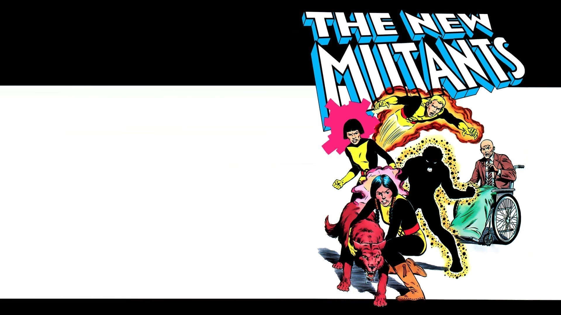 New Mutants 桌布 壁紙 — 《新變種人》漫畫封面，描繪五個變種人與一隻狗在鮮明的黑白背景前擺出動態姿勢。