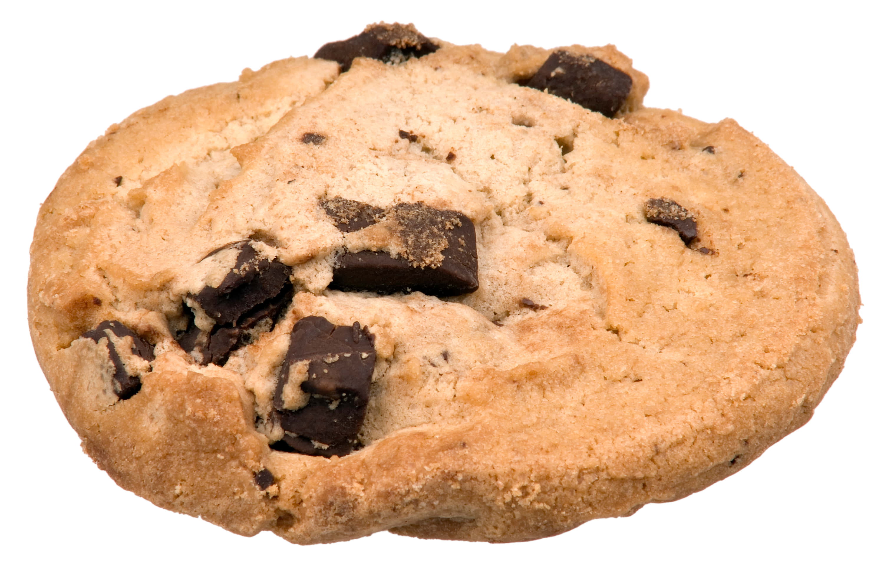 Cookie 桌布 壁紙 — 新鮮出爐的巧克力餅乾，金黃色邊緣和融化巧克力塊，白色背景。