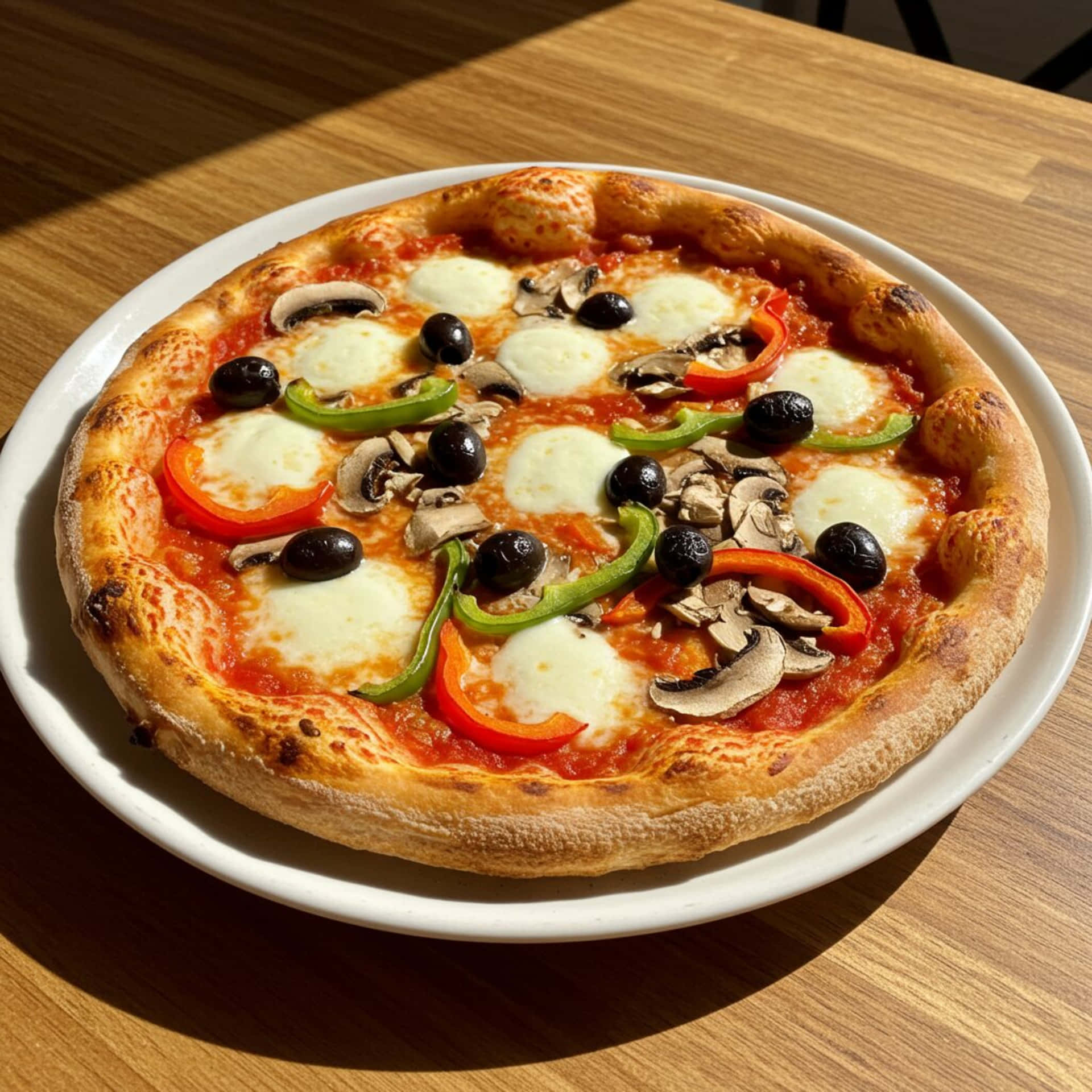 Pizza 壁紙 — 新鮮出爐的披薩，上面有融化的莫扎瑞拉起司、蘑菇、橄欖和甜椒，放在白色盤子上，置於沐浴在溫暖陽光下的木桌上。