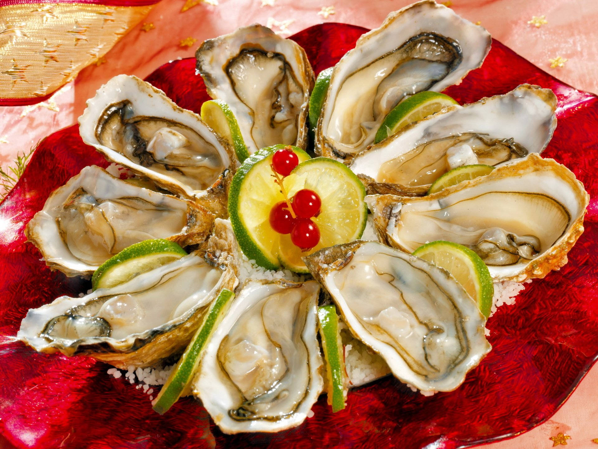Seafood 桌布 壁紙 — 新鮮半殼生蠔在紅色盤子上以圓形排列，搭配萊姆片和紅醋栗。