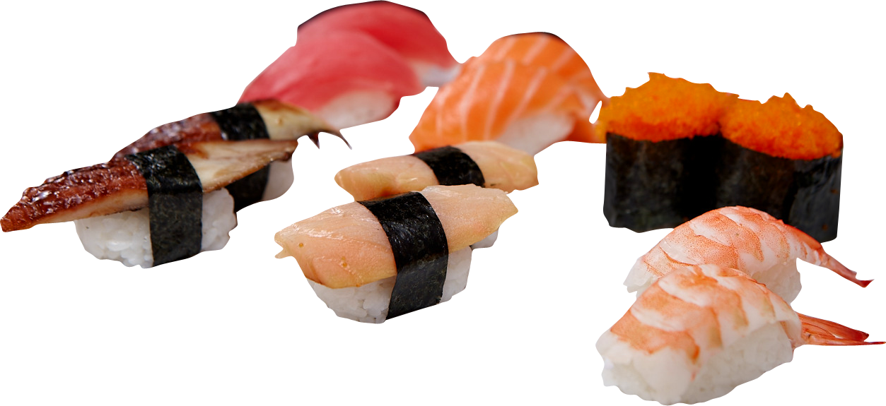 壽司 桌布 壁紙 — 新鮮壽司拼盤，包括鮪魚、鮭魚、蝦和鰻魚，整齊排列在潔白背景上。