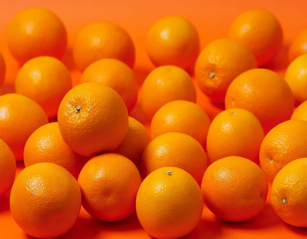 Orange Fruit 桌布 壁紙 — 新鮮柳橙堆疊在一起，背景是溫暖的橙色，充滿活力的特寫。