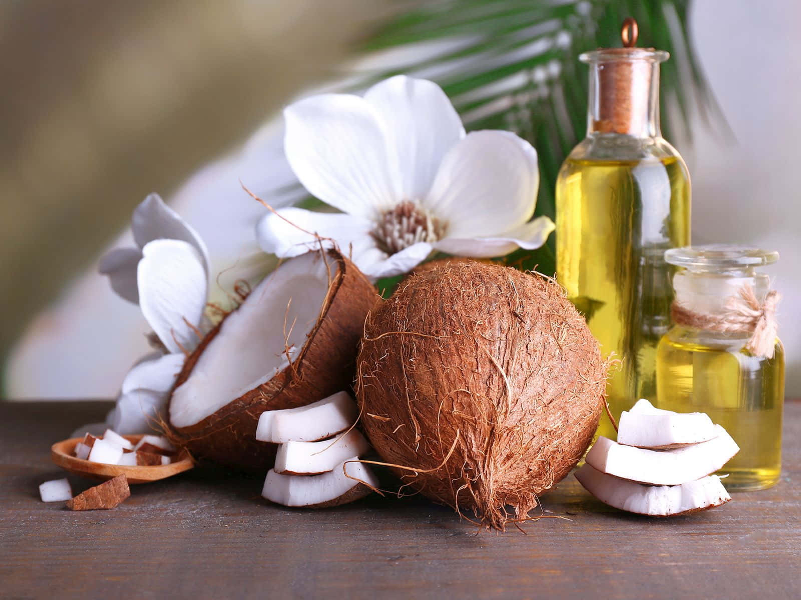 Coconut 桌布 壁紙 — 新鮮椰子切開，旁邊放著金色椰子油瓶和白色花朵，置於鄉村風木桌上。