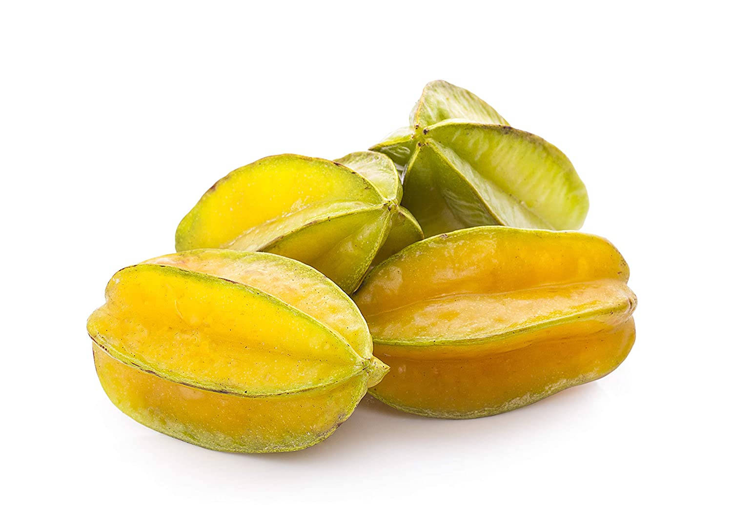 Fruits 桌布 壁紙 — 新鮮楊桃帶有鮮豔的黃色和綠色色調，排列在潔淨的白色背景上。