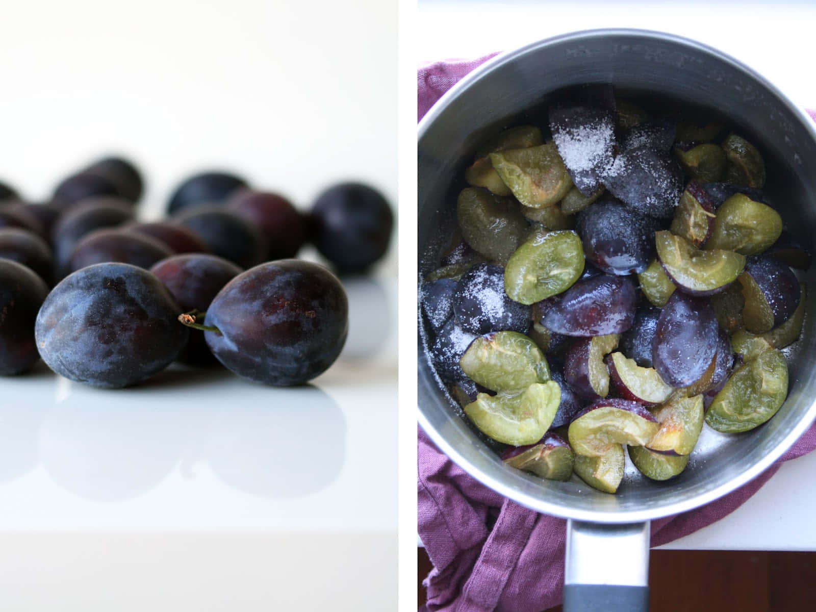 Fruits 桌布 壁紙 — 新鮮深紫色李子旁邊有切片李子，放在撒了糖的平底鍋中。