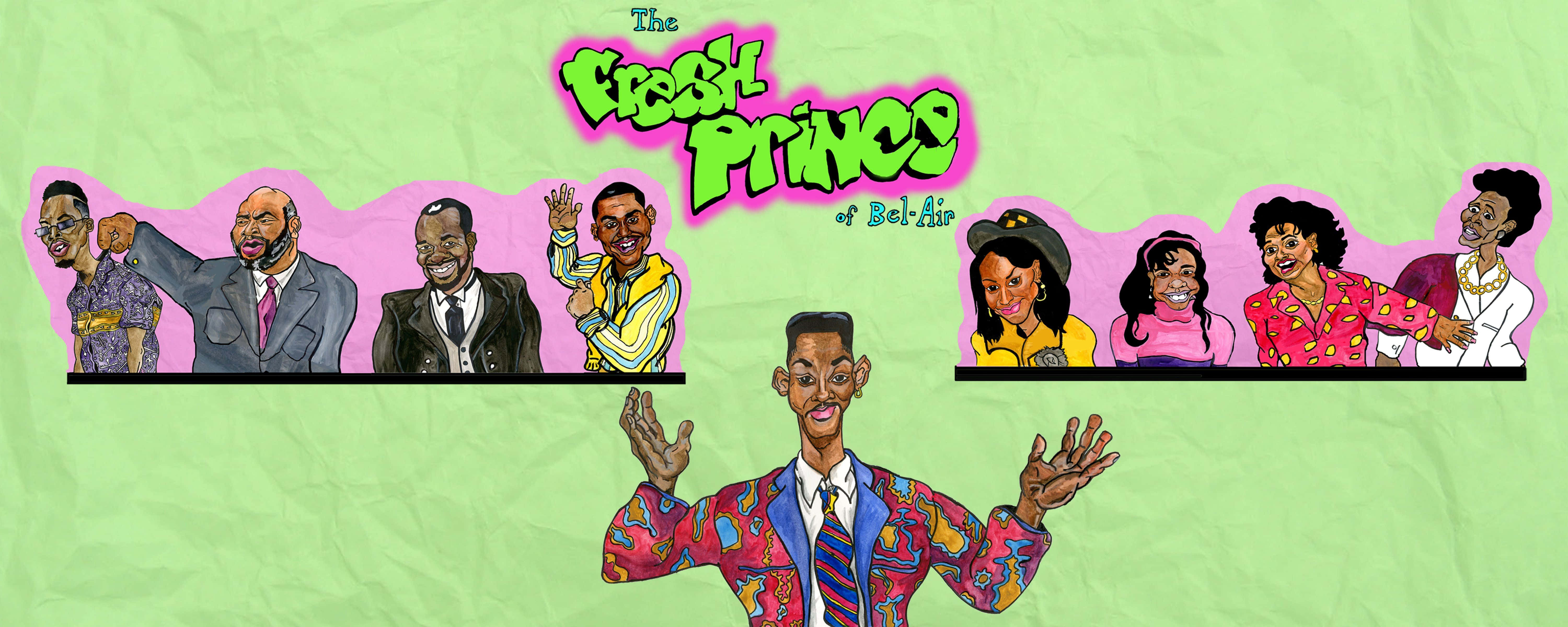 fresh prince 桌布 壁紙 — 《新鮮王子妙事多》演員陣容的鮮豔卡通插圖，背景是皺巴巴的青檸綠色。