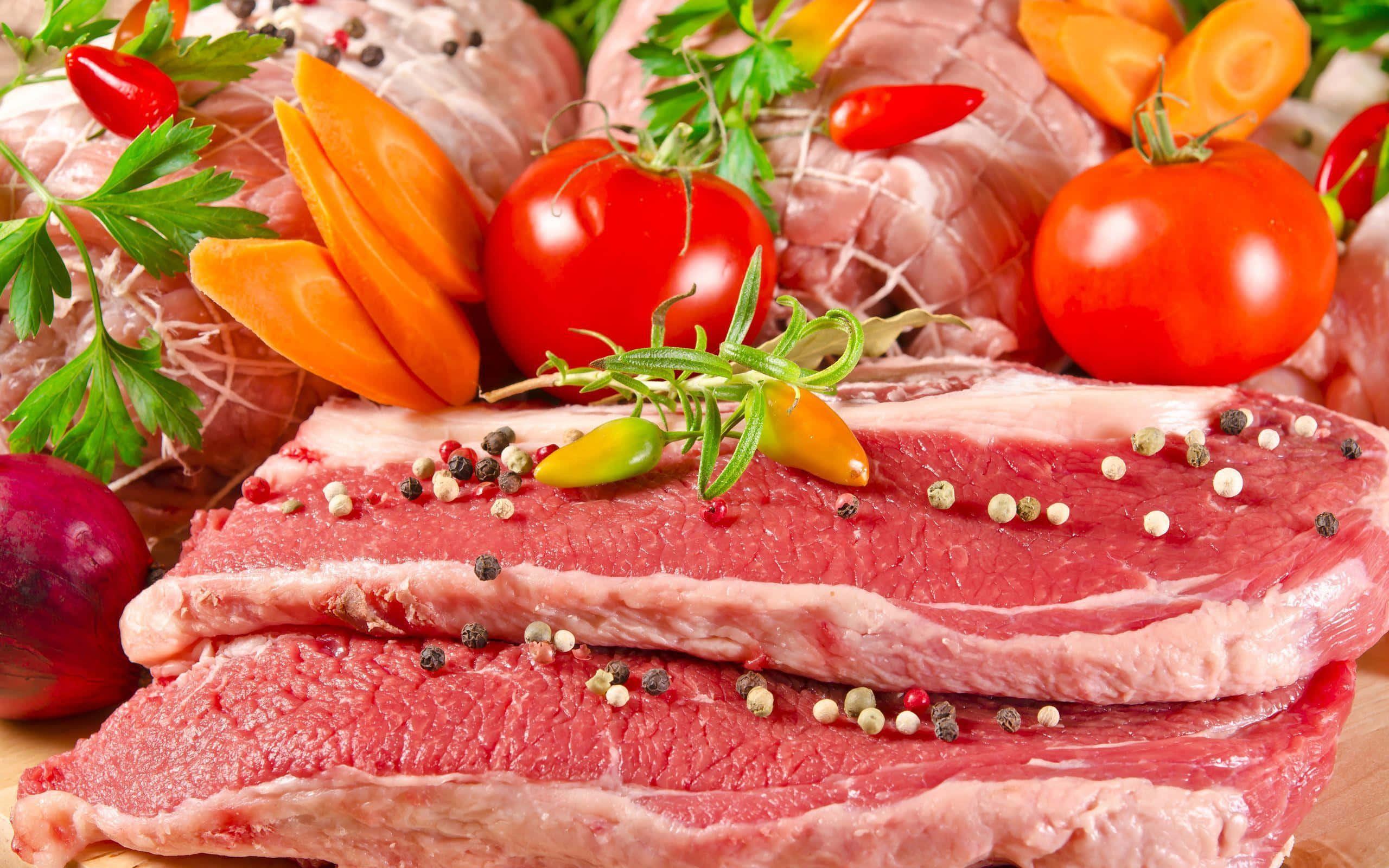 meat 桌布 壁紙 — 新鮮生牛肉排以胡椒粒調味，並以番茄、紅蘿蔔和香草裝飾。