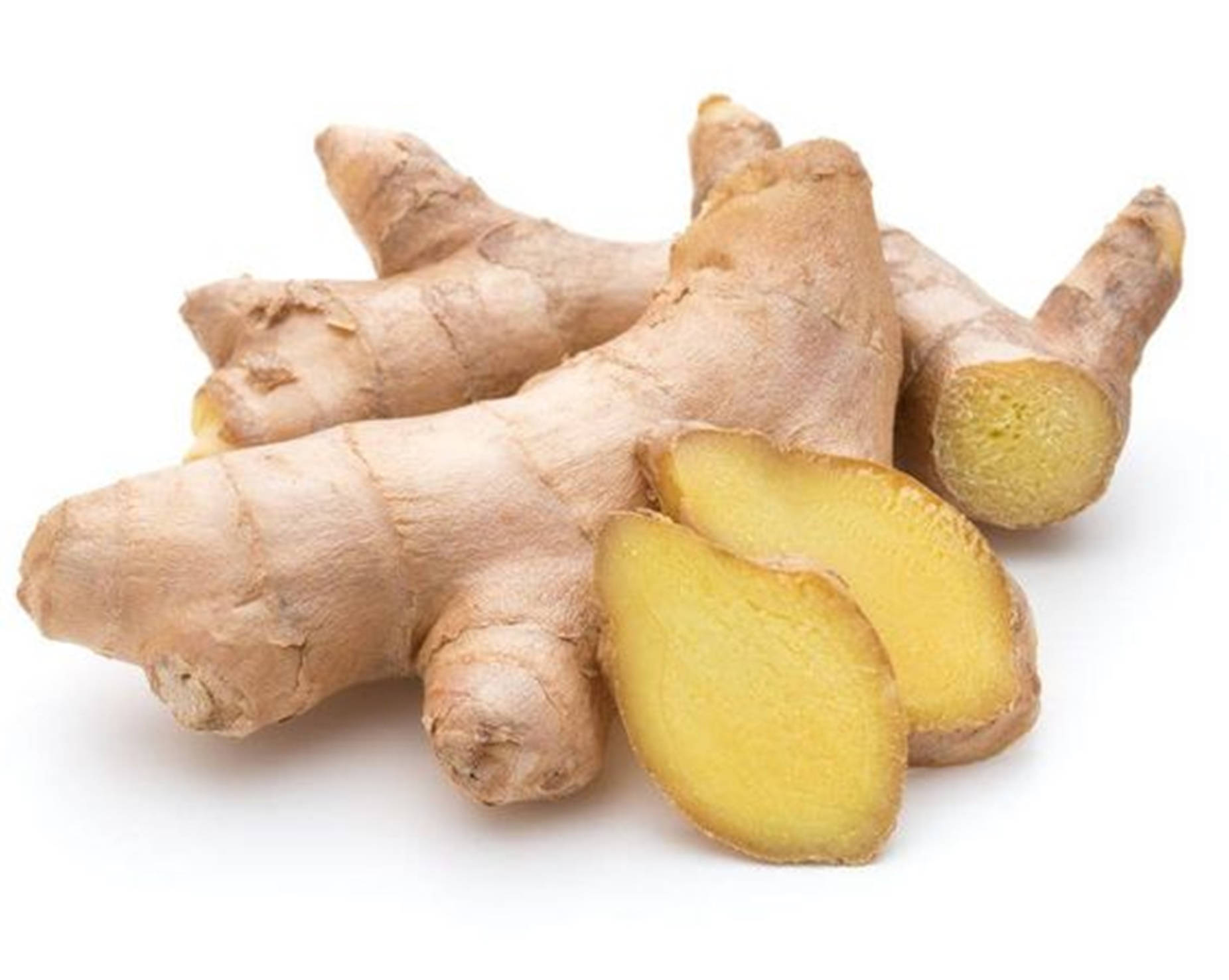Ginger 桌布 壁紙 — 新鮮生薑根，切片後露出鮮黃色內部，襯以潔白背景。